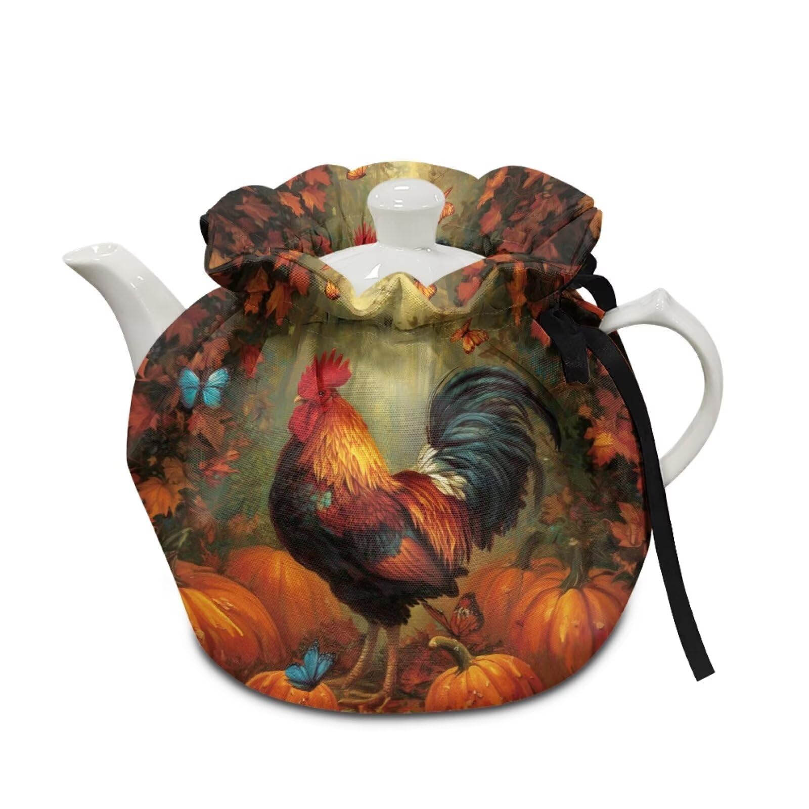 Fall Tea Cozy for Teapot,Rooster Pumpkin Stain Resistant Teapot Cover Sturdy Quilted Kettle Cover Breakfast Warmer Home Kitchen Decor