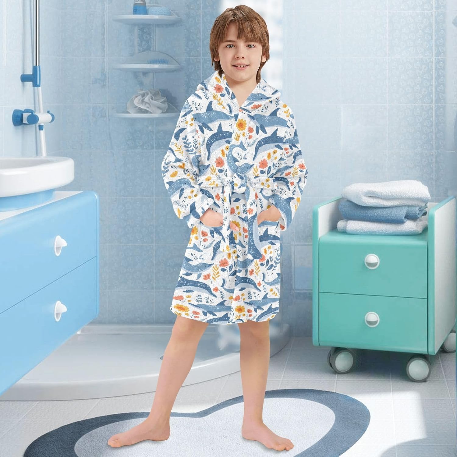 senya Whale and Flower A Toddler Hooded Bathrobe Kids Soft Plush Bath Towel Robes for Boys Girls 2-12 Years