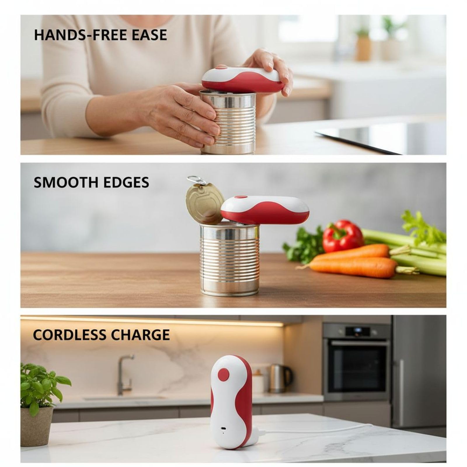 Apriscatole elettrico automatico rosso e bianco, apriscatole ricaricabile USB-C, con coperchio Grabber, strumento da cucina a basso rumore, 18,5 x 9,9 x 7,6 cm, uso one-touch per anziani