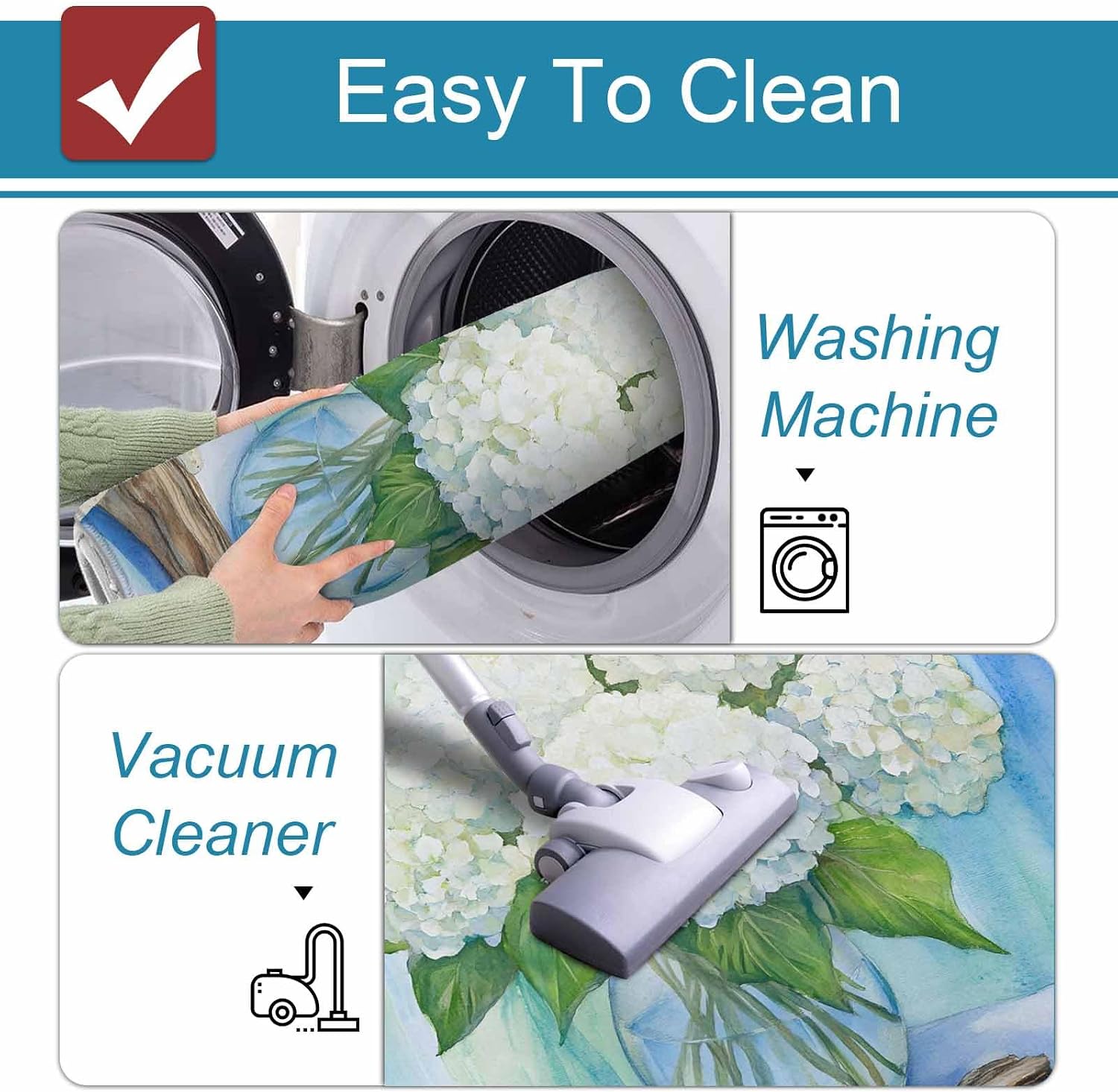 Prime Leader White Hydrangea Kitchen Mat Set 2 Pieces Driftwood White Starfish Summer Countryside Non Slip Kitchen Rugs Washable Runner Rug Mats for Sink Laundry (19.7" x 31.5"+19.7" x 47.2")