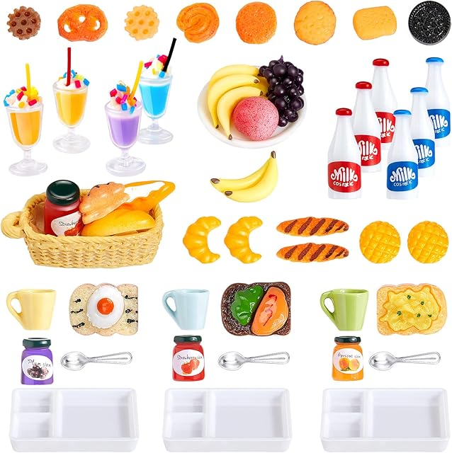 50 Pcs Miniature Food Mini Food Drink 1:12 Scale House Kitchen Food Miniature Kitchen Accessories Food and Tableware Set for Kitchen Lover (Funny Style)
