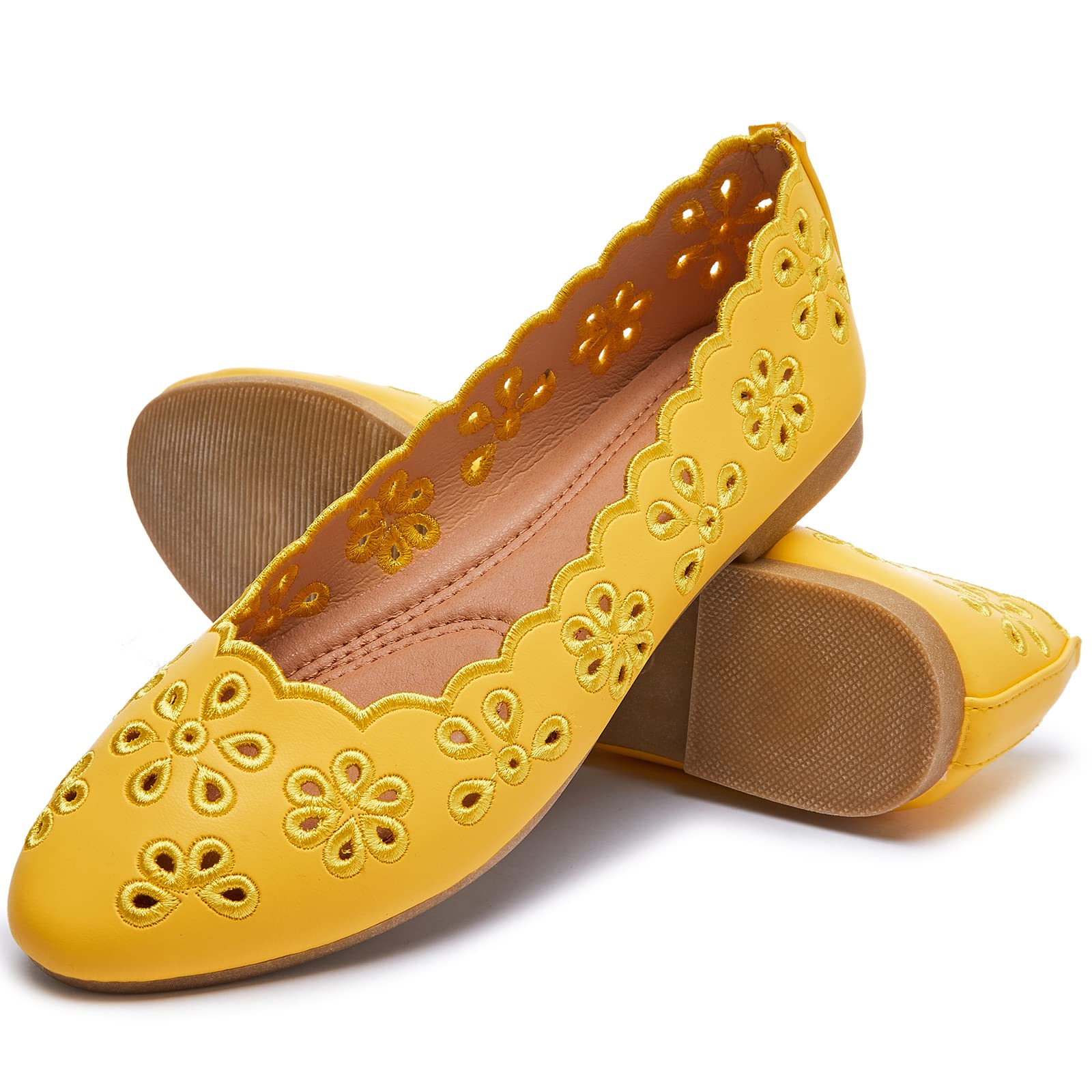 FRACORAWomen's Ballet Flats Black PU Leather Dress Shoes Comfortable Round Toe Slip on Flats with Floral Eyelets