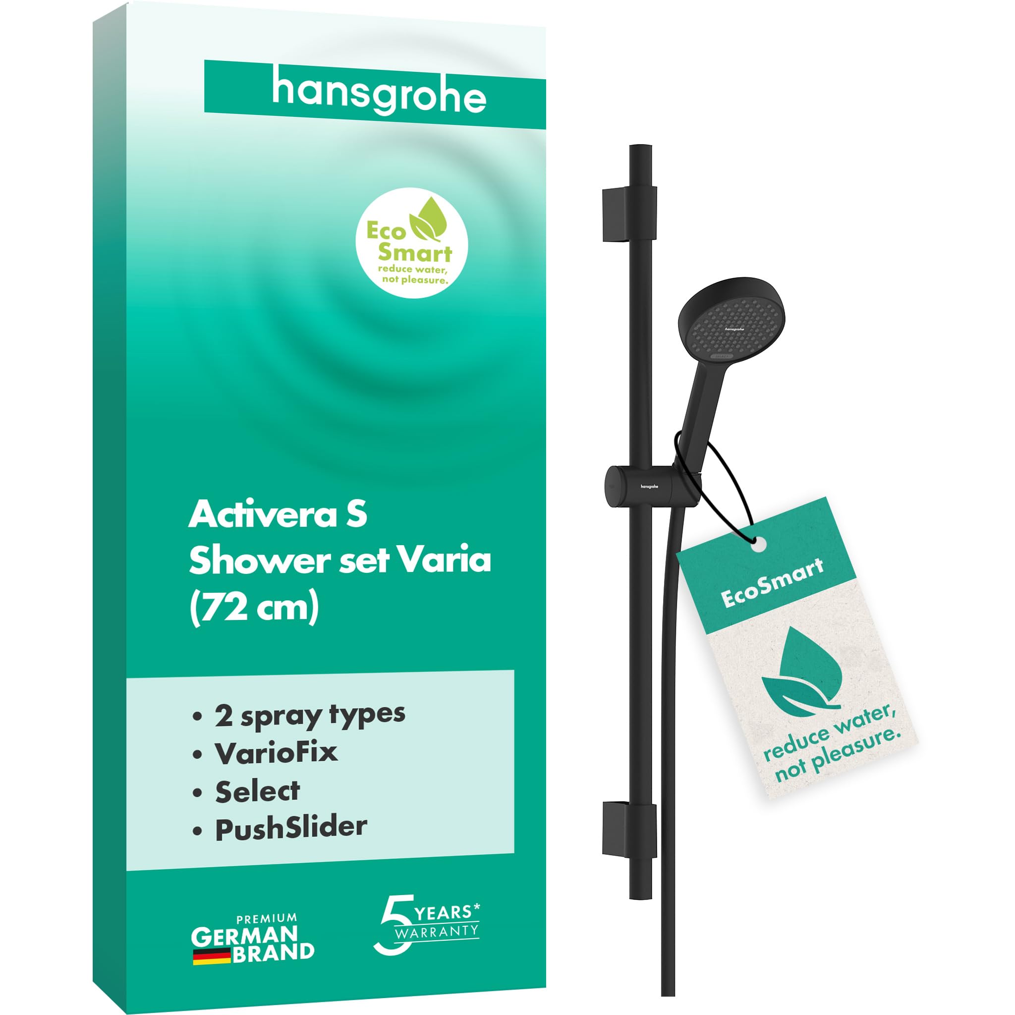 hansgrohe Activera Select S - conjunto de ducha con alcachofa de ducha ahorro de agua (EcoSmart), flexo de ducha (1,60 m) y barra de ducha (72 cm) para taladros existentes, negro mate, 28048670