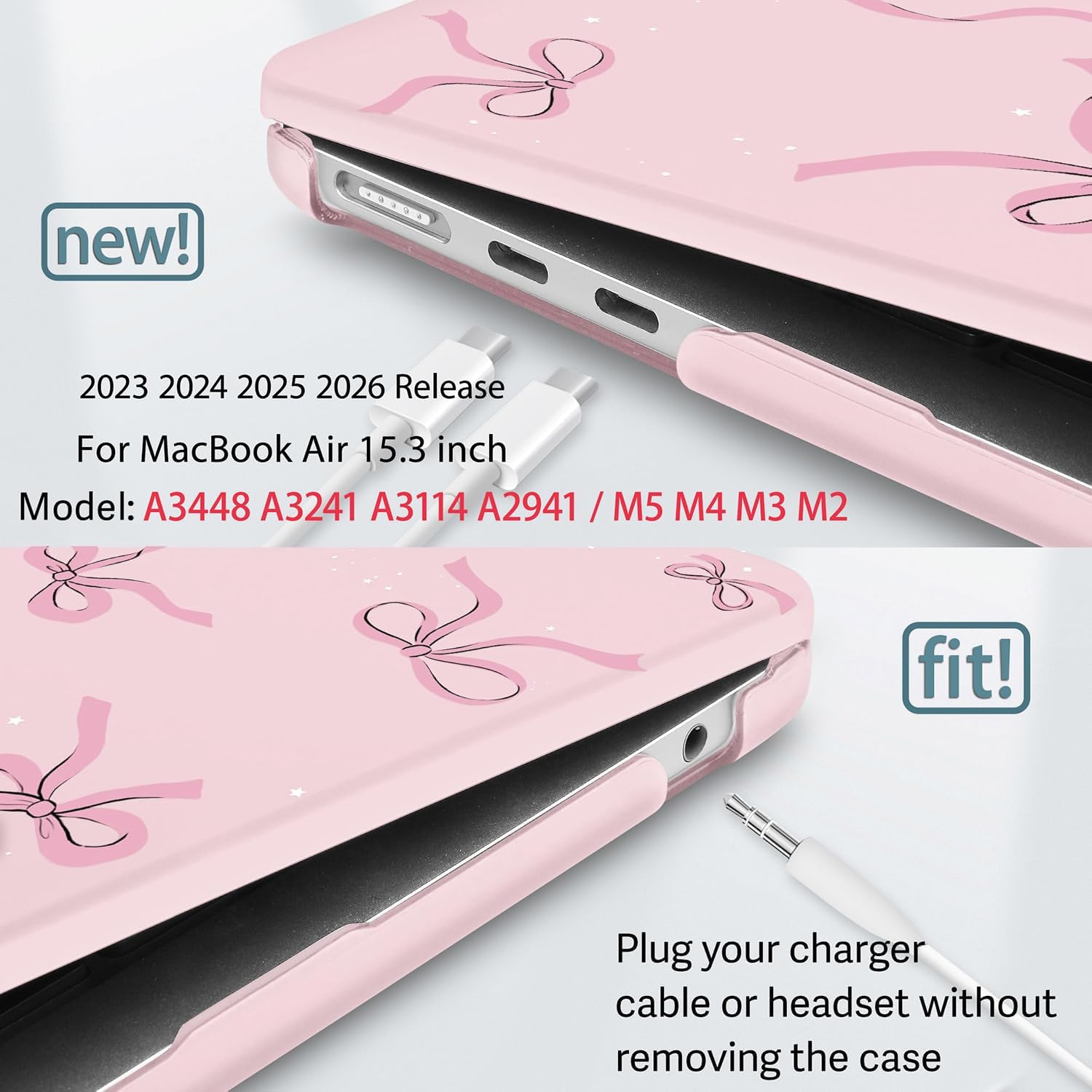 May Chen for 2026 MacBook Air 15 inch Case A3448 M5 A3241 M4 A3114 M3 A2941 M2 2025 2024 2022, Plastic Hard Shell for MacBook Air 15.3" with Retina Dispaly Fits Touch ID, Chalk Pink Bow