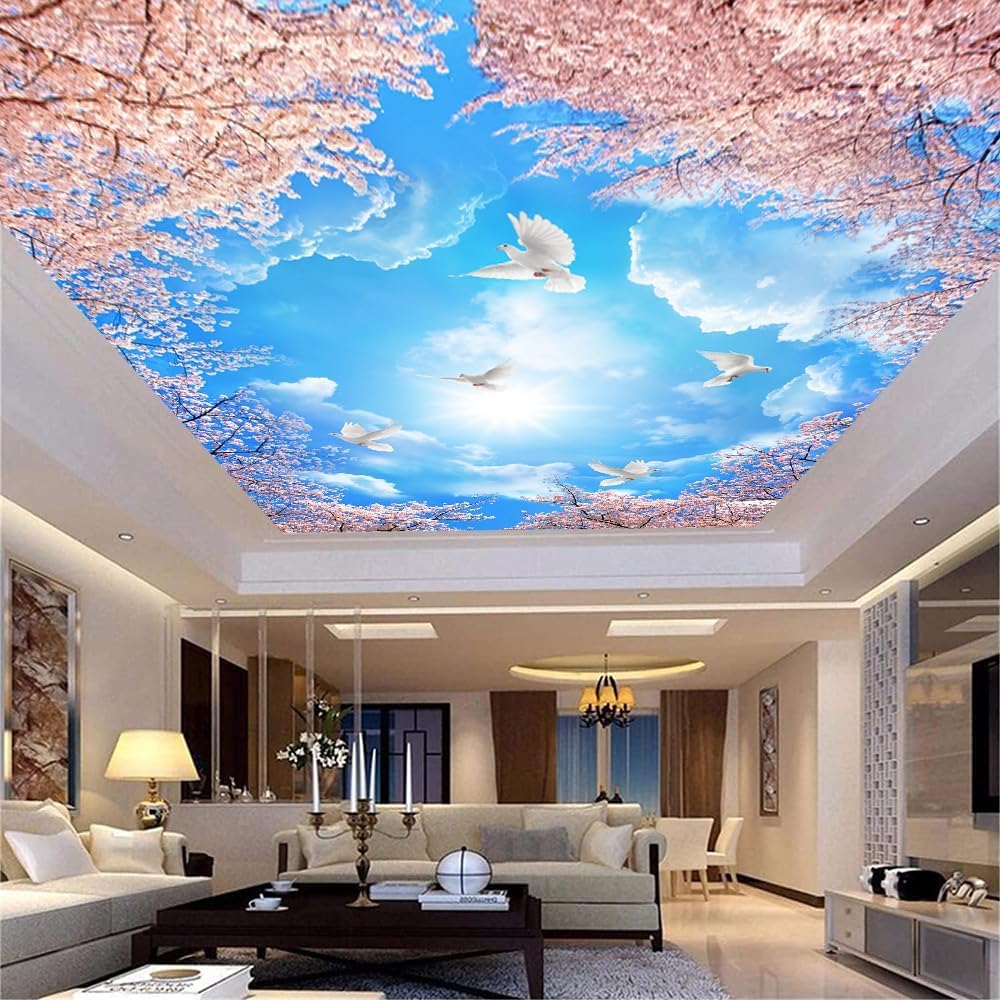 Custom 3D Ceiling Mural Cherry Blue Sky 3D Ceiling Wallpaper Living Room Kids Room Bedroom Ceiling Photo Wallpaper 188"（W） x 114"（H）