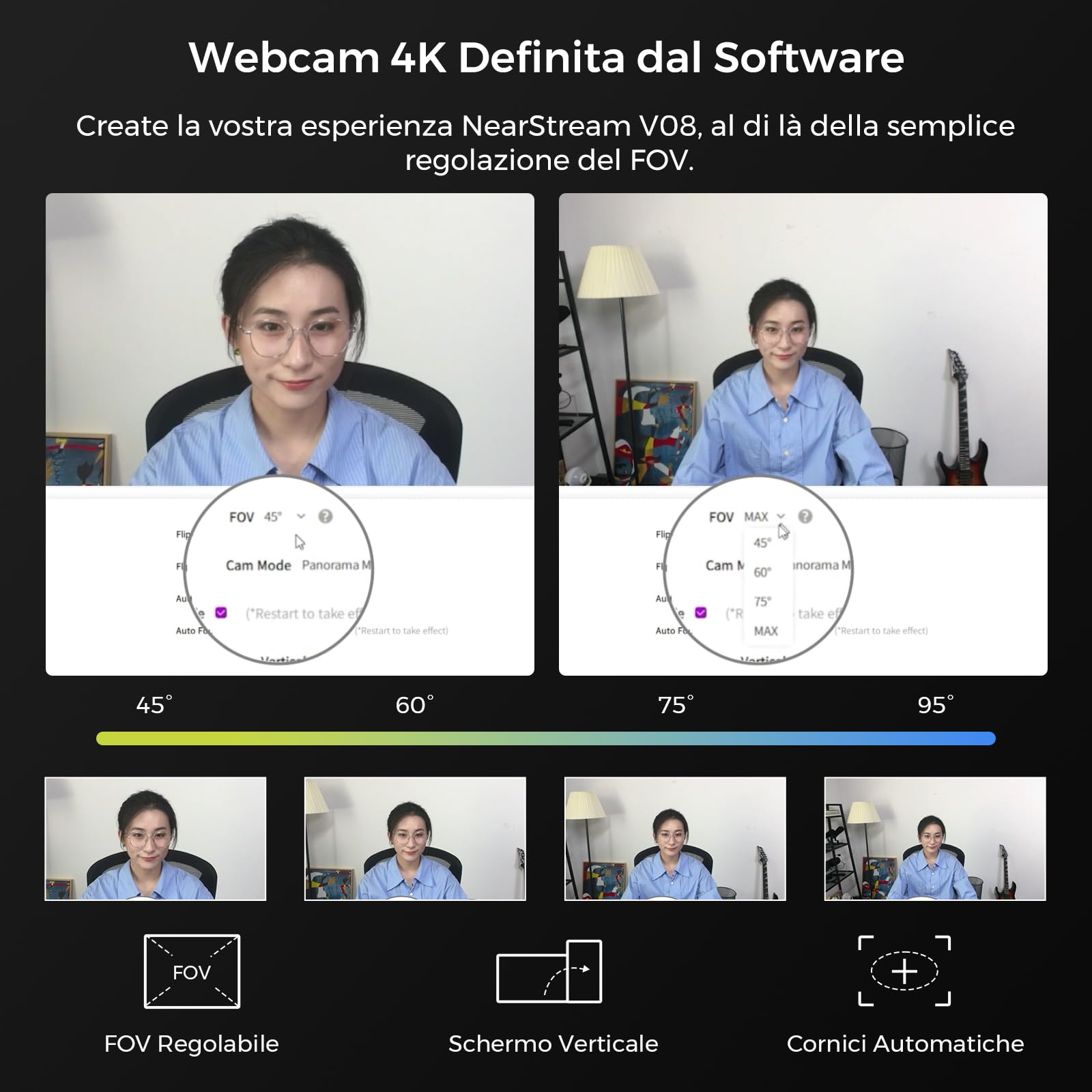 NearStream Webcam 4K per PC, HD 1080P 60FPS Streaming Webcam con microfono, Computer Camera per Desktop, Gaming, Videochiamate, Controllo software FOV regolabile, Autofocus (V08AF)