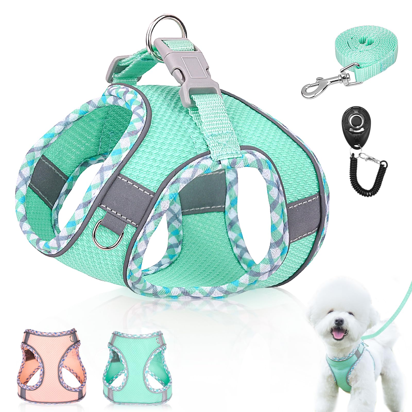 Dog Harness and Leash Set,Soft Mesh Breathable Dog Vest Harness with Training Clicker,Adjustable No Pull Reflective Pet Vest Harness with Safety Buckle for Small Medium Dogs, Cats, Puppies (Green, XS)