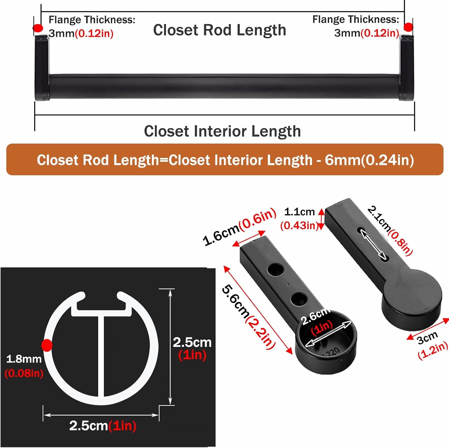Closet Rods Round Closet Rod Aluminum Alloy,Laundry Room/Cupboard Hanging Clothes Rod with Anti-Slip Silence Strip(Gray,Length-60cm/23.6")