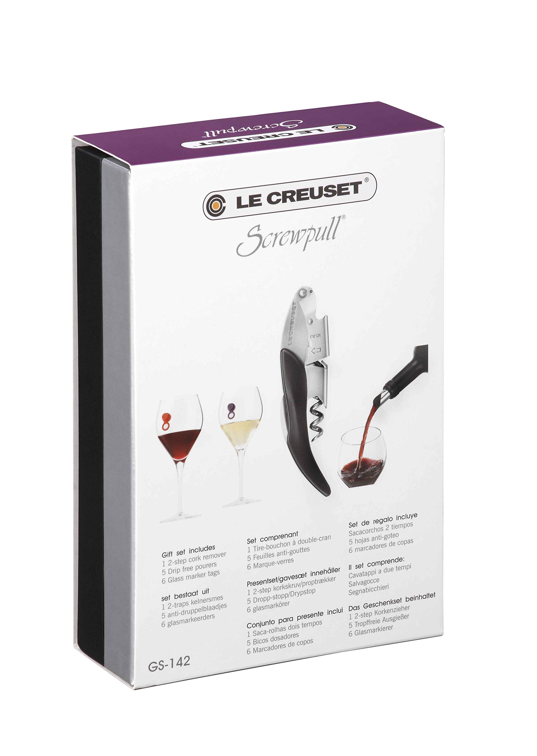 Screwpull Le Creuset, Coffret Sommelier Double Levier, 5 Feuilles Anti-Gouttes, 6 Marque-Verres, GS142
