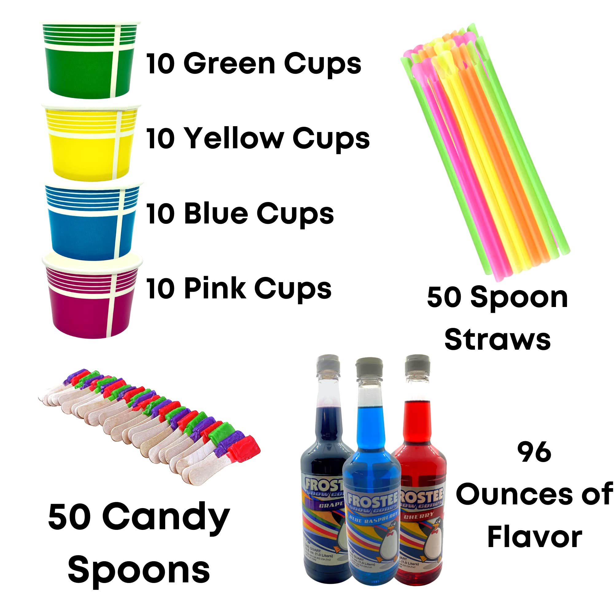 Concession Essentials Kit de conos de nieve de 96 onzas, kit de conos de nieve multicolor de 140 piezas, incluye (3) botellas de jarabe de 32 onzas, 40 tazas (12 onzas), 50 cucharas de caramelo y 50