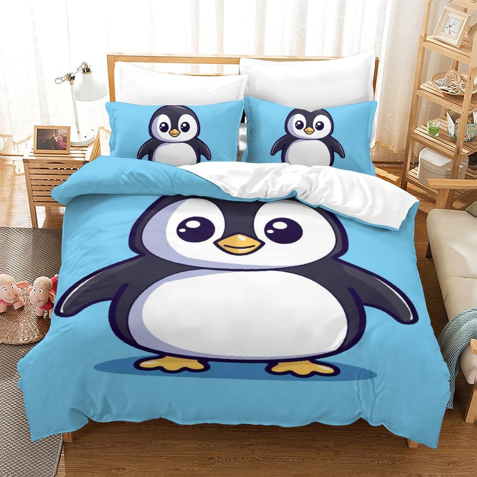 TNSGHAVED 3D Printed Quilt Cover Penguin 3 Pieces Bedroom Bed Bedding Set Soft Easy Care with Zipper Closure，Pillowcases for Kids Girls Boys Adults Bedroom Single Single（140x200cm）
