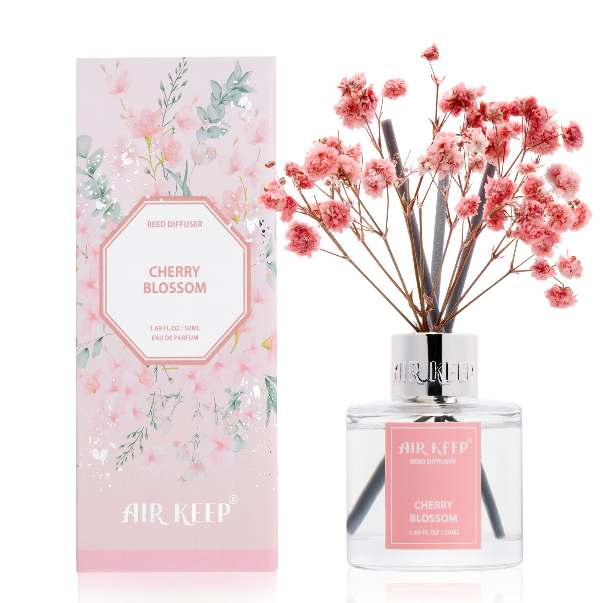 Airkeep Reed Diffuser Set 50ml, Cherry Blossom Oil Diffusers with 8 Reed Sticks, Home Fragrance for Bathroom Shelf Decor