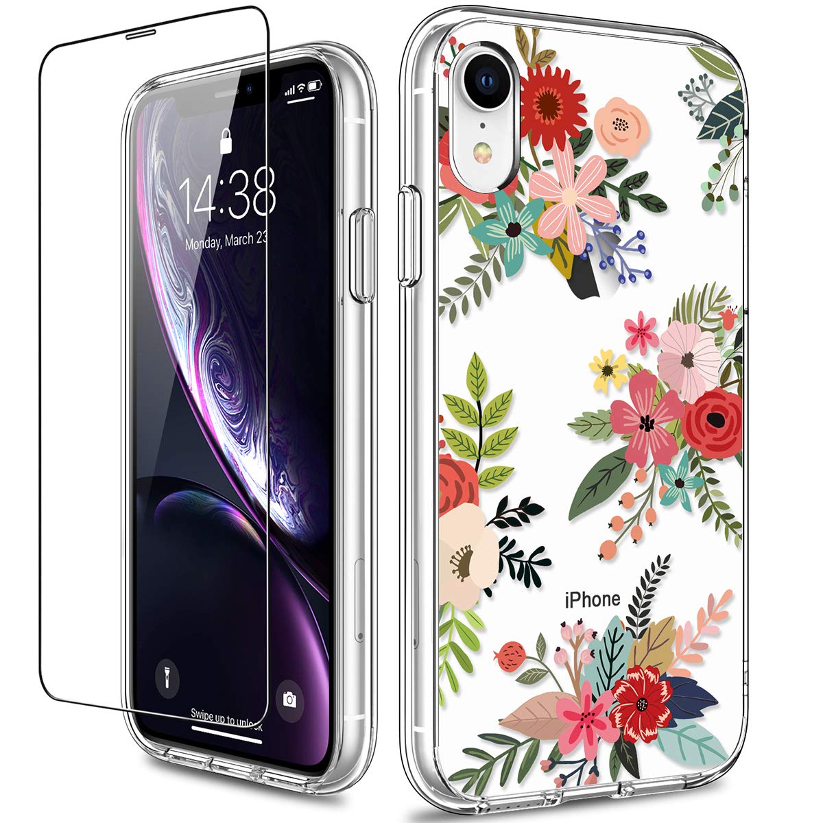 GiiKa iPhone XR Case with Screen Protector, Clear Heavy Duty Protective Case Floral Girls Women Shockproof Hard PC Back Case with Slim TPU Bumper Cover Phone Case for iPhone XR, Flowers