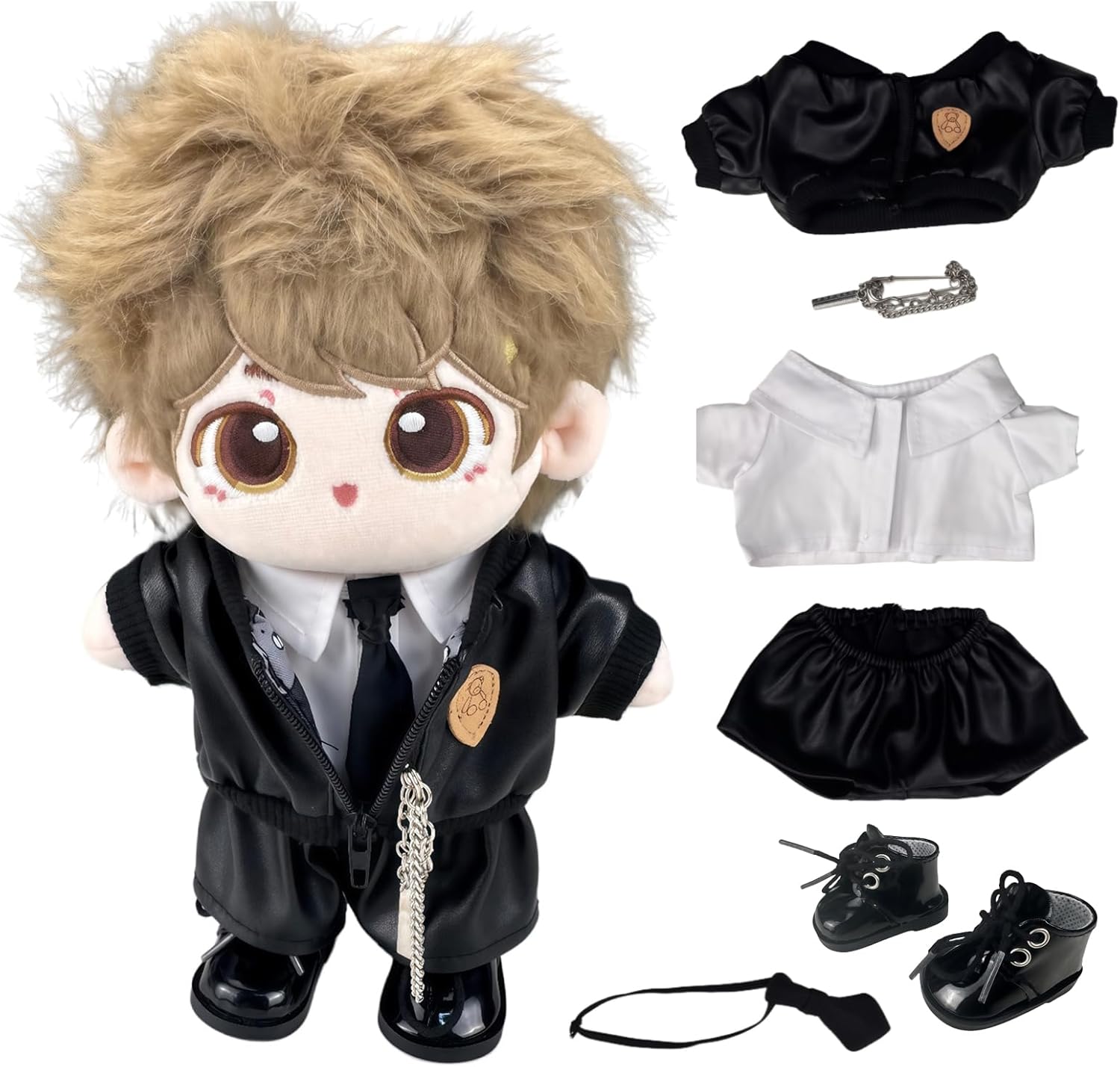 20cm Doll Clothes Set - Complete Black Faux Leather Jacket Outfit with Pants, Shirt, Bow Tie & Shoes for 8 Inch Plush Cotton Dolls, Cool School Style