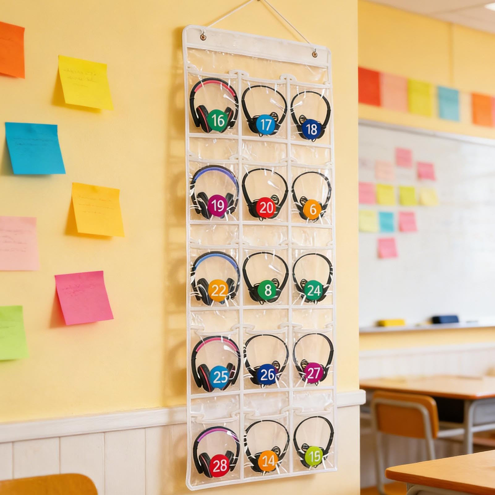 Genérico Organizer per cuffie in classe, in PVC, funzione di supporto per dispositivi organizzati, tasca da appendere, organizer con ganci multipli