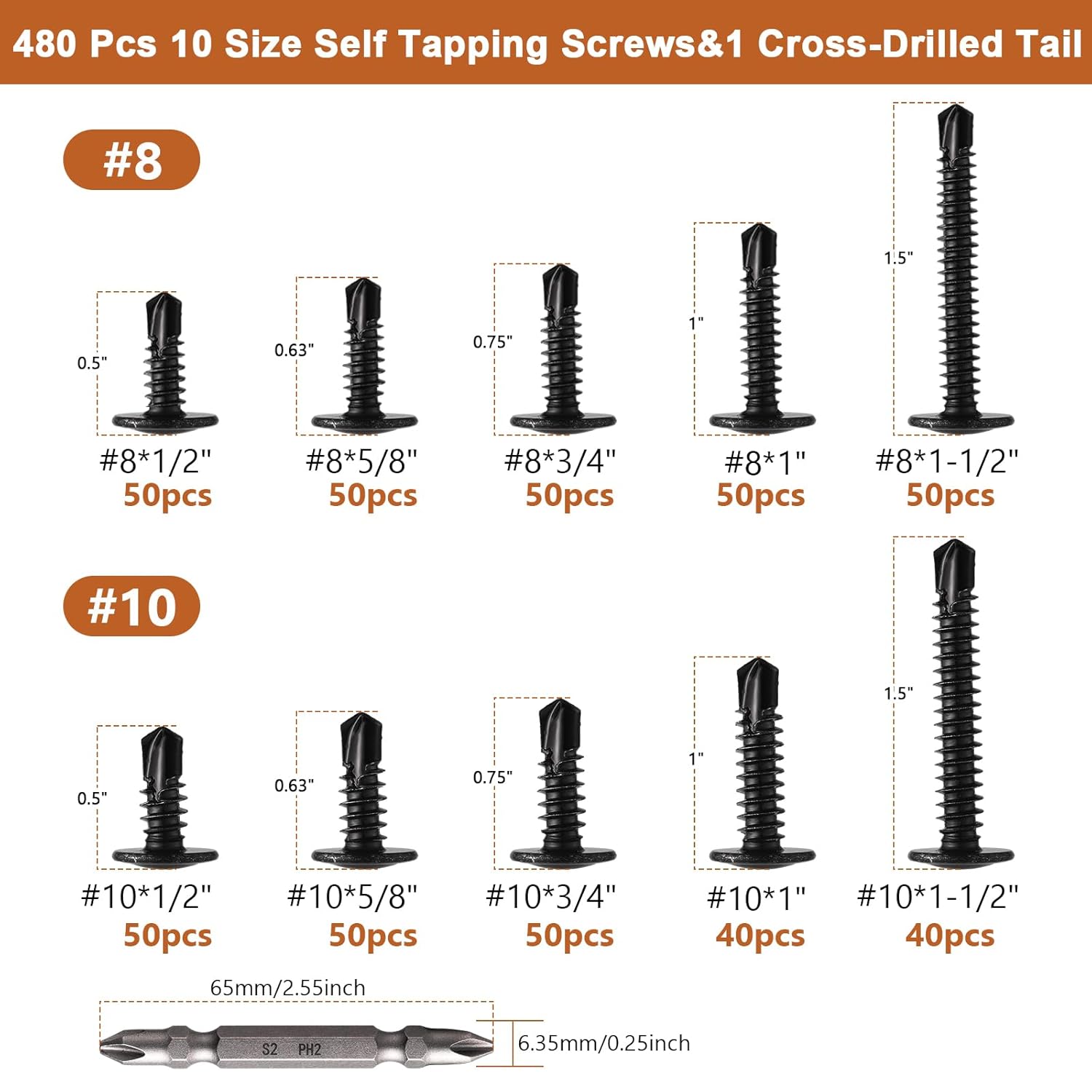 480 Pcs Self Tapping Screws for Metal with Double Cross Head Screwdriver Bit, #8#10 Sheet Metal Screws Assortment
