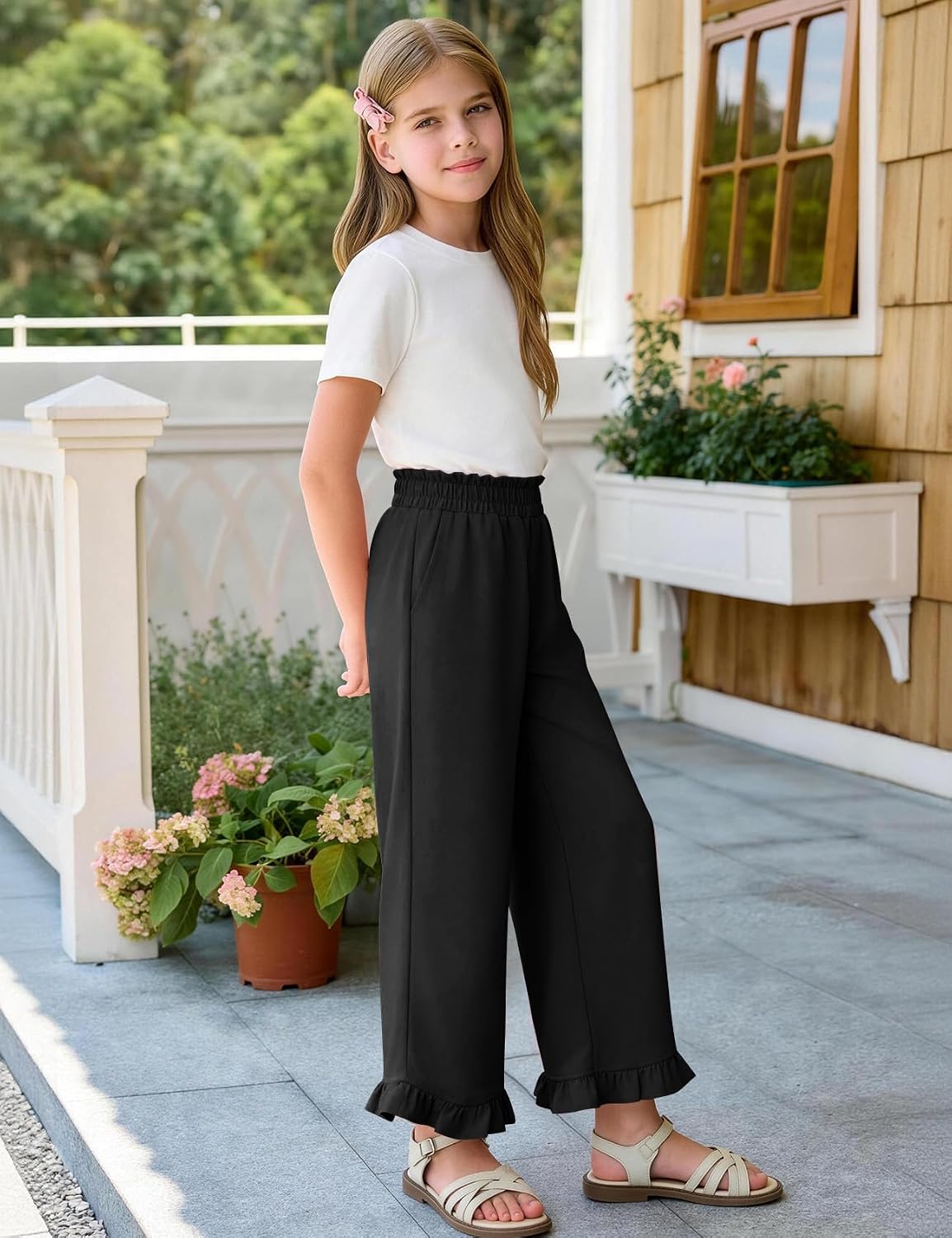 Kissonic Girls Wide Leg Pants High Waist Kids Paperbag Pants Ruffled Hem Trousers School Summer