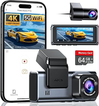 Navycrest 4K+2.5K WiFi Dash Cam Front and Rear, Built-in 5G WiFi, Free 64GB Card, Dash Camera for Cars, Dual Dashcam, G-Sensor, 24/7 Parking Mode, 3 IPS Screen, Loop Recording, WDR Silver