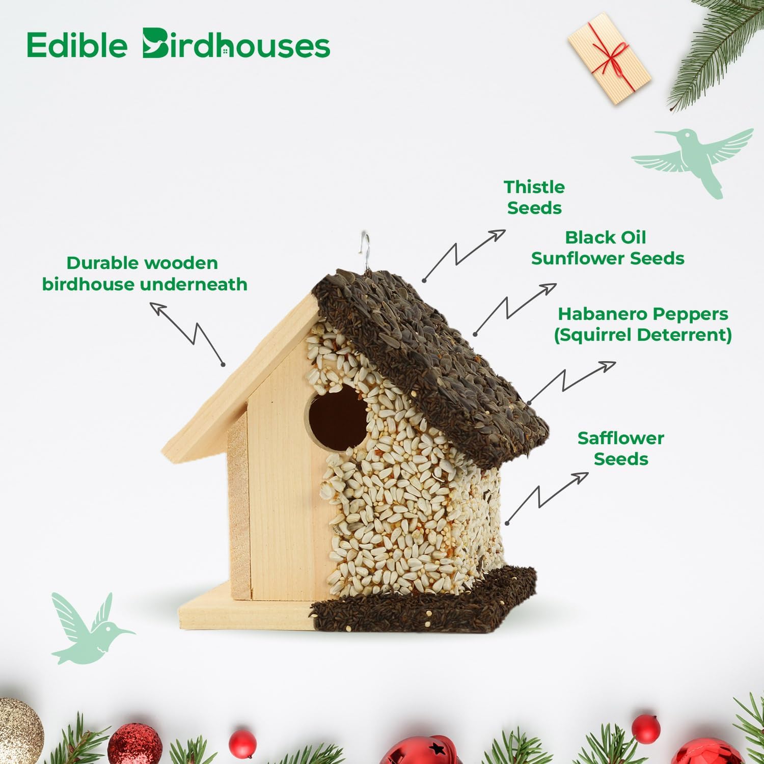 Handmade Unique Wooden Birdhouse Covered w/Birdseed- Reseedable Bird Feeder-Made in USA- Holiday Design! (SL)