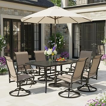 MELLCOM 7 Pieces Patio Dining Set, 6 Textilene Patio Swivel Dining Chairs and 69.7" Metal Patio Table with Umbrella Hole for Deck, Backyard, Poolside and Garden