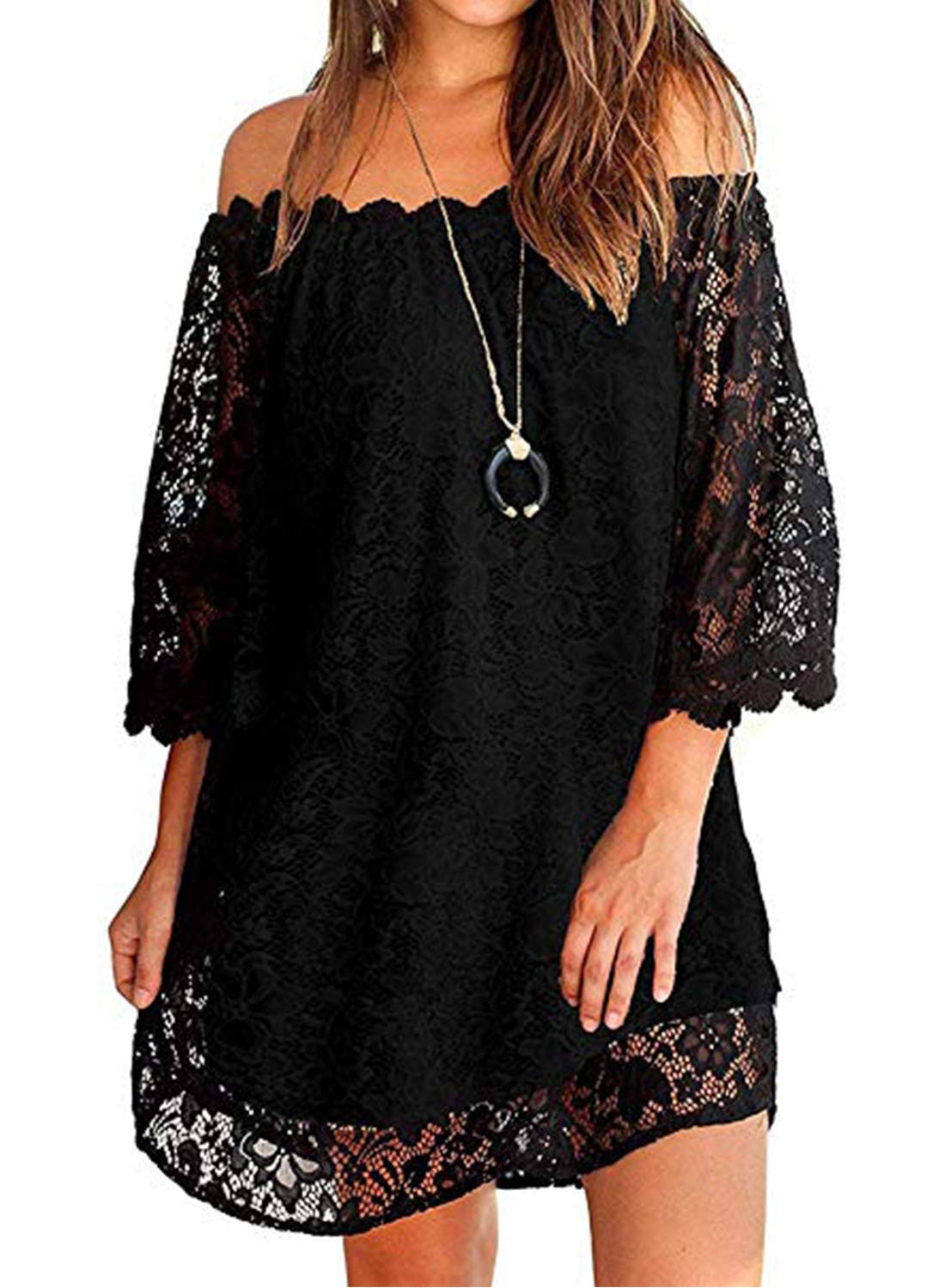 MIHOLLWomen's Off Shoulder Lace Shift Loose Mini Dress