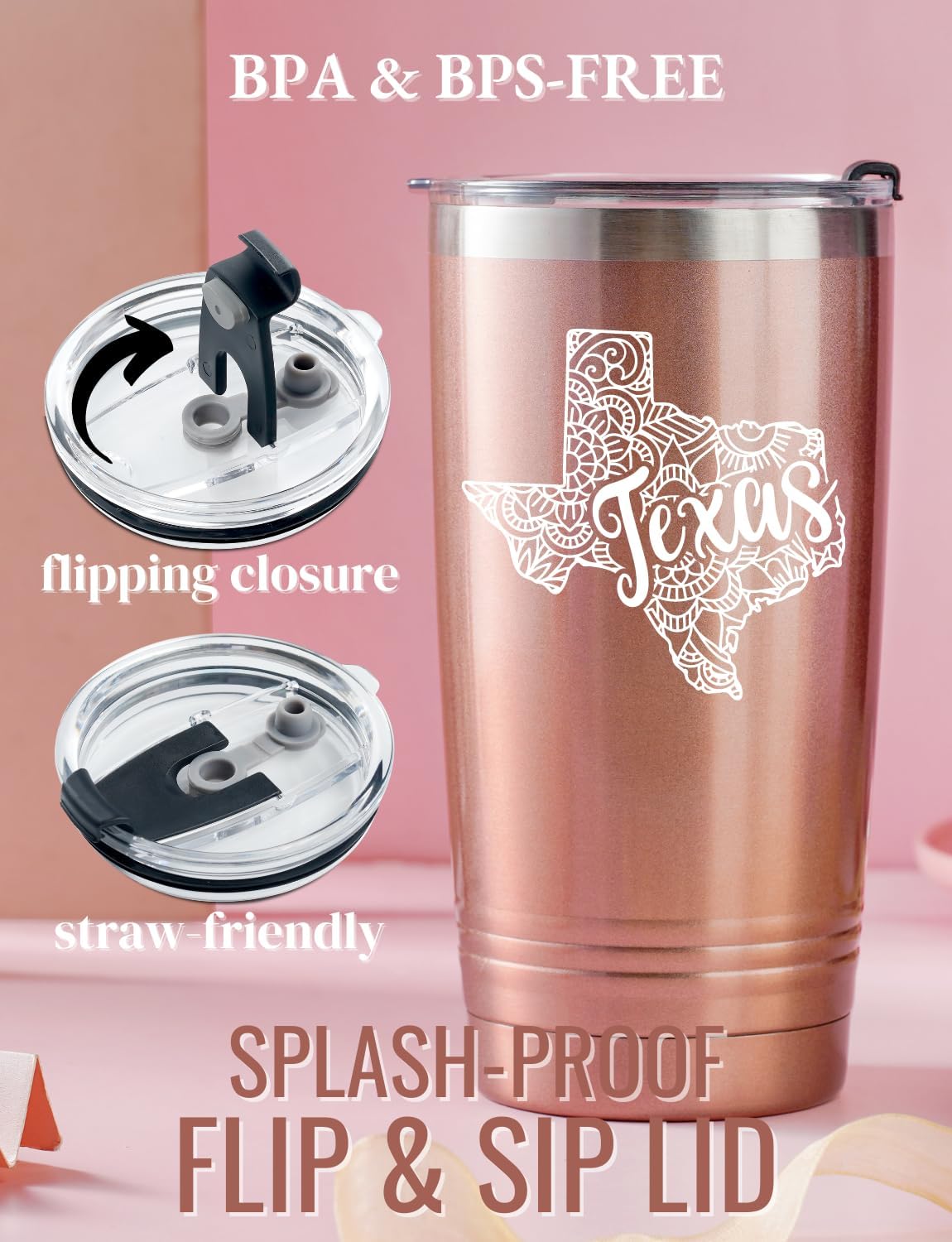 Onebttl Texas Gifts for Men Women, Texas Souvenirs Travel Homesick Gift, 20oz Stainless Steel Tumbler with Lid Straw, Perfect for Christmas - Rose Gold Mandala - Image 4