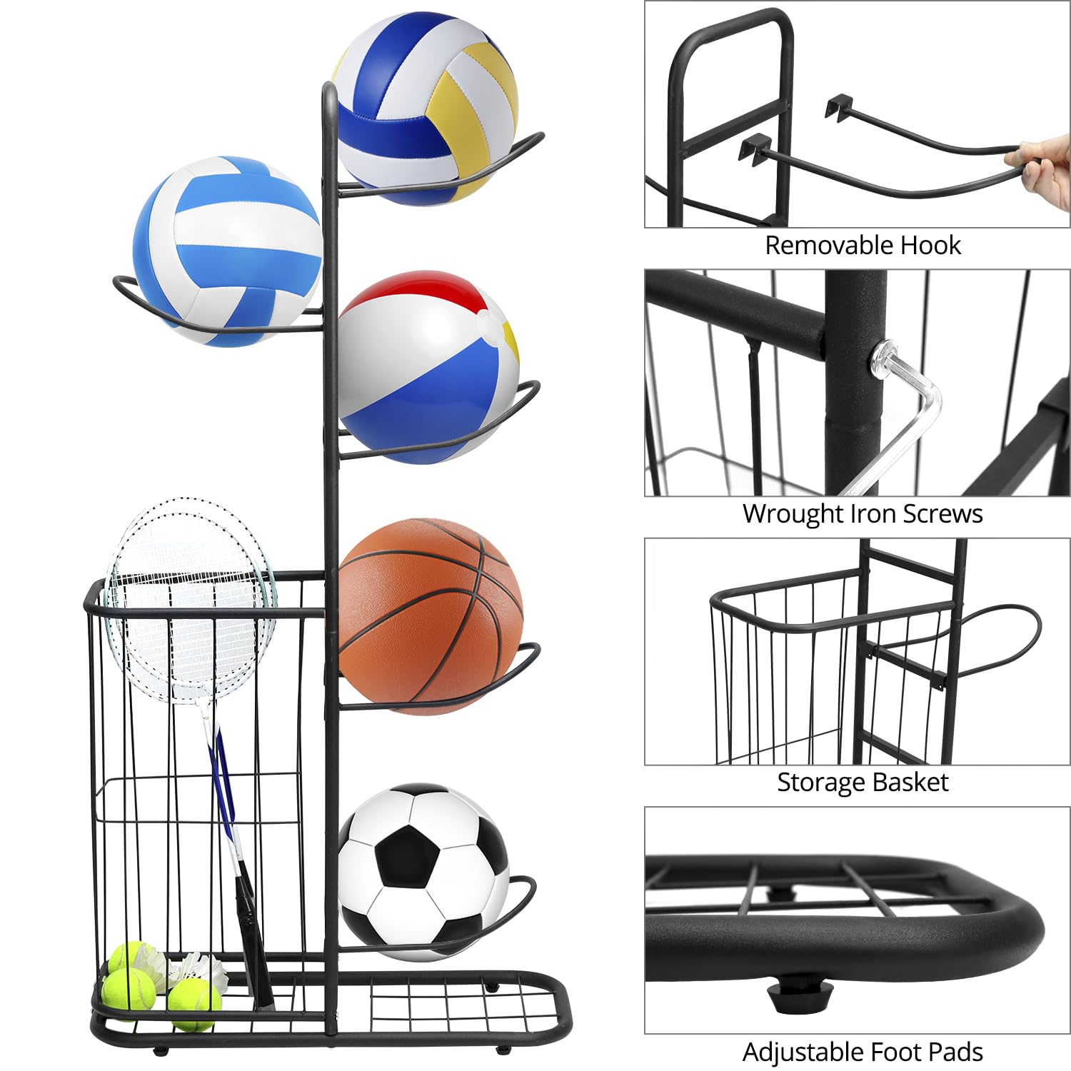 QWORK Estante de Almacenamiento de Baloncesto, Soporte para Pelotas, 116 x 23.5 x 58cm