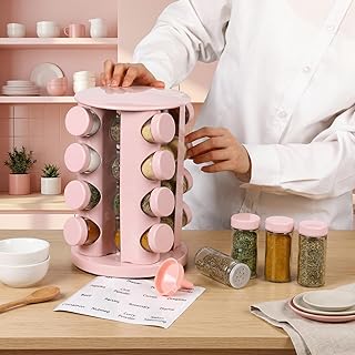 Yungyan Pink Rotating Spice Rack Seasoning Organizer with 16 Empty Jars,...