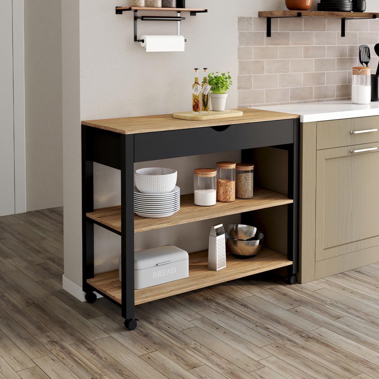 IDMarket - Desserte de cuisine PENH XXL avec tiroir et plan de travail noir plateaux façon hêtre L.100 CM