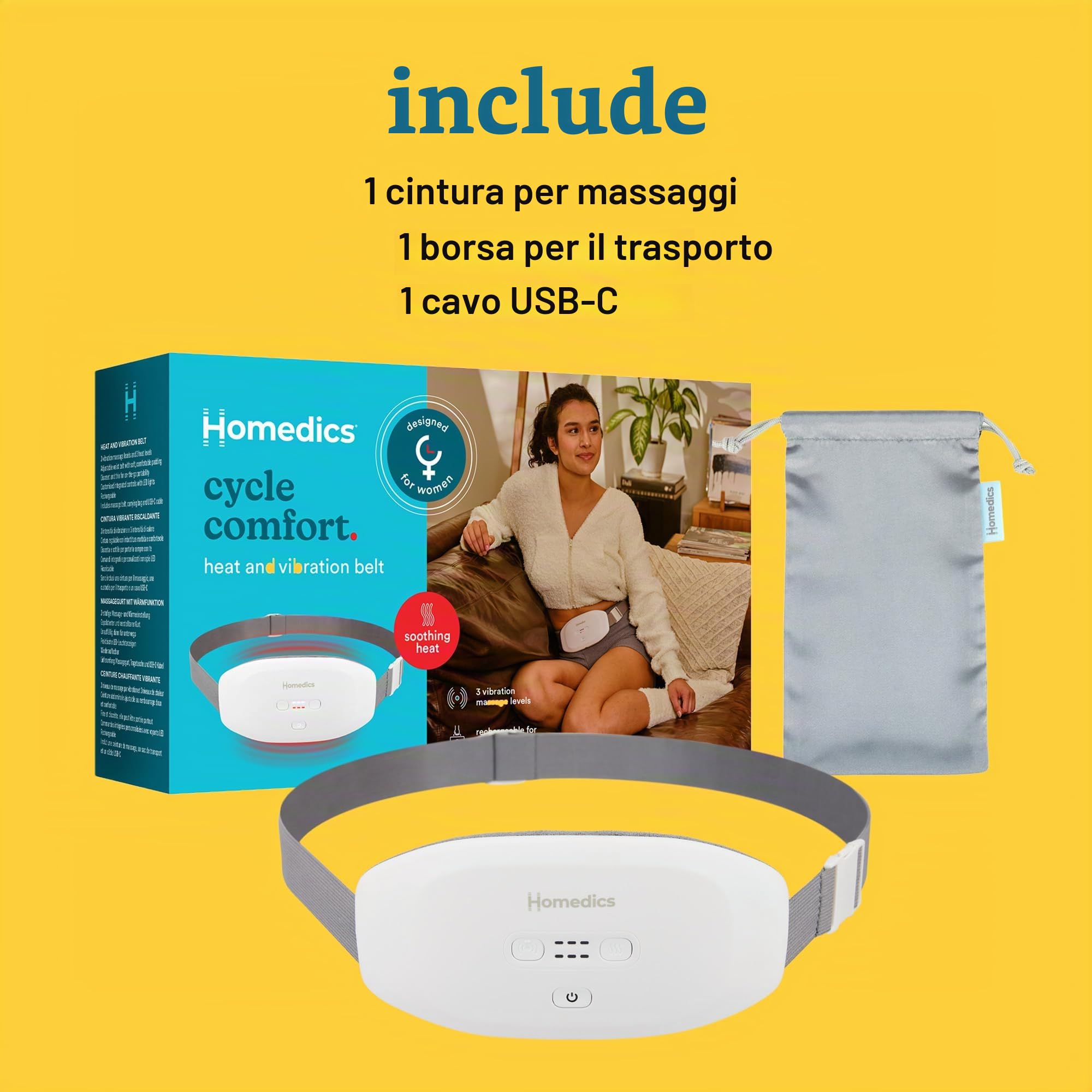 Homedics Cycle Comfort Heat and Vibration Belt, Crampi Mestruali o Sintomi Intestino Irritabile, 3 Vibrazioni, 3 Temperature, Design Discreto e Comodo, Custodia da Viaggio e Cavo di Ricarica Inclusi