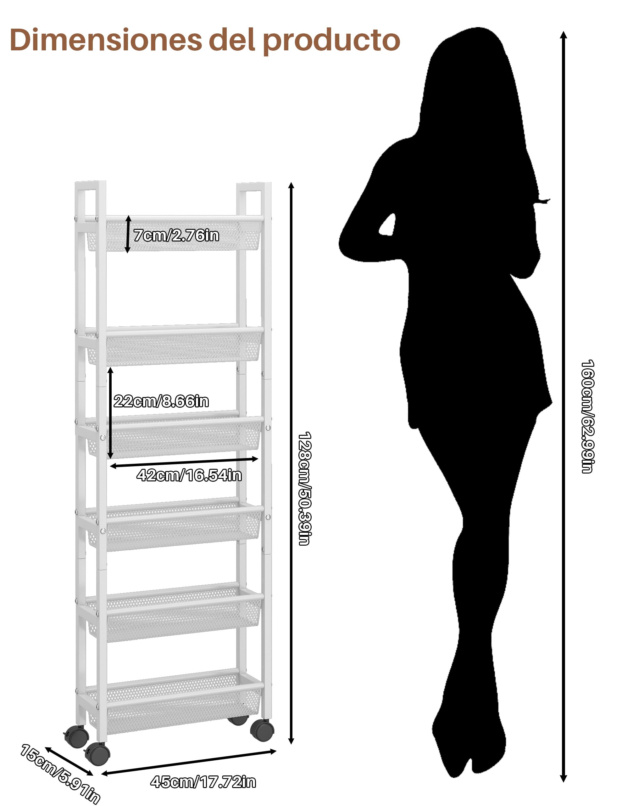 Ccarrito Cocina Estrecho con Ruedas,Carrito de Cocina 15 cm Ancho | 6 Niveles, Metálico, Ahorra Espacio, Blanco, Móviles Carro de Almacenamiento para Espacios Pequeños Baño Lavadero