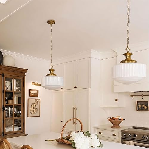 Miniatura 3 de Lámpara colgante de vidrio de leche de latón vintage, candelabro de vidrio plisado blanco de 13.8 pulgadas, luces colgantes antiguas, para