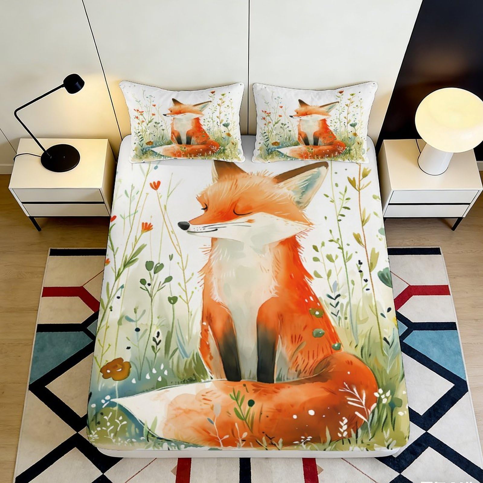 3D Printed Watercolor Fox Fitted Sheet Microfiber Soft Orange Animal Meadow Bed Cover for Bedroom Dorm Decor 90x200x25cm