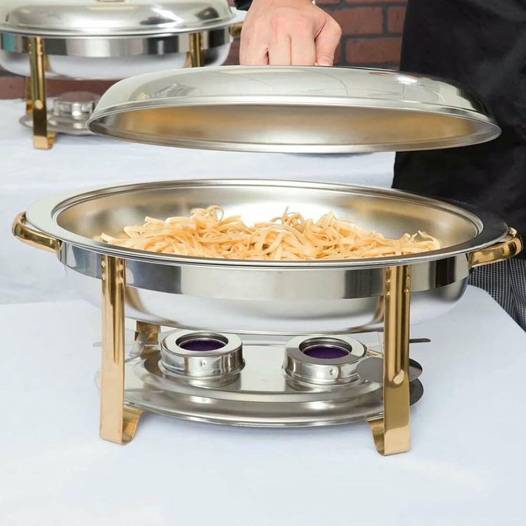 Chafing Dish Ovale da 6 Litri, Set di Scaldavivande in Acciaio Inox 201, Vassoio di Dimensioni Standard, con Teglia per Alimenti, Teglia per L'Acqua, Telaio, Coperchio E,Silver