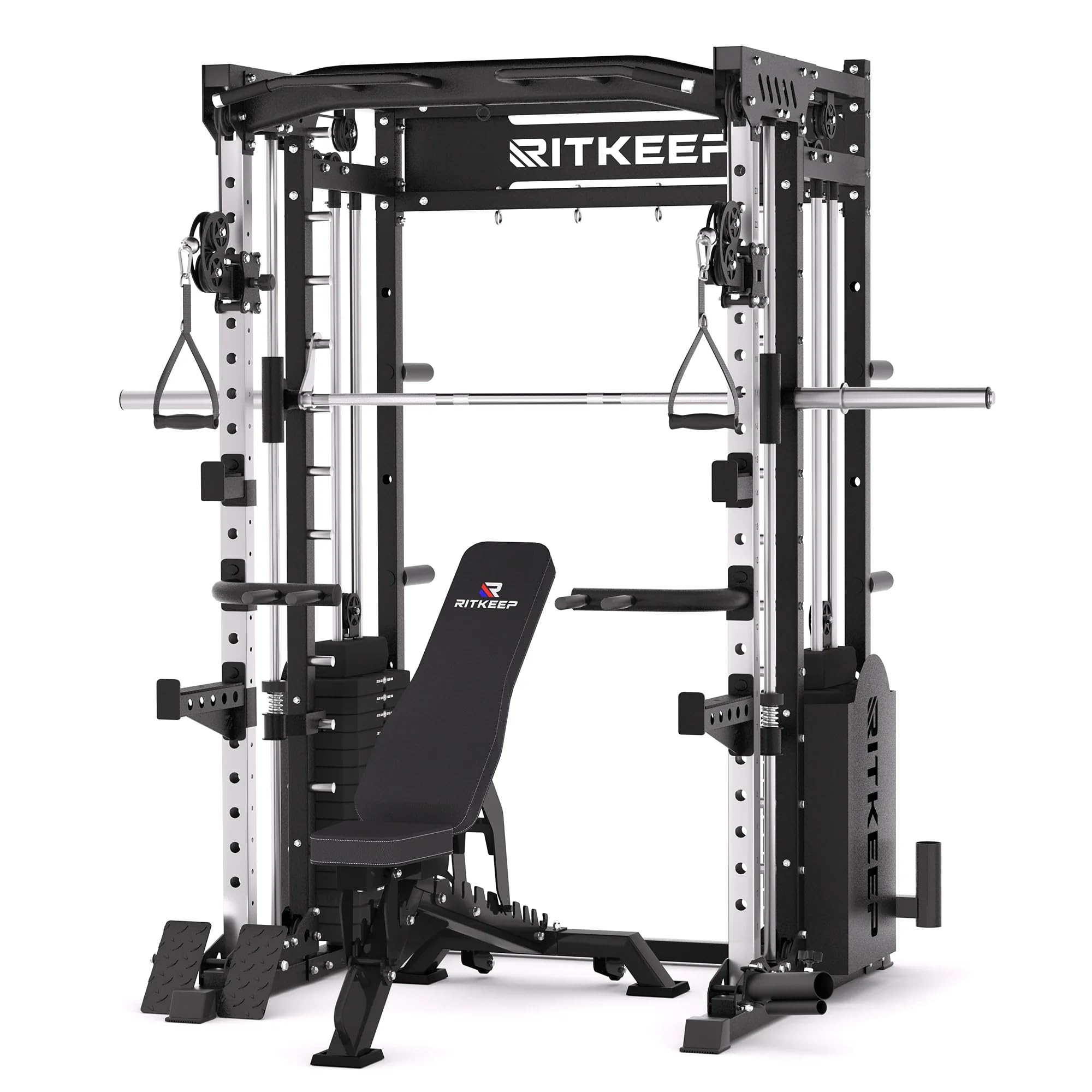 Heimtrainer Smith-Maschine mit 150 kg Gewichtsblöcken, 6-in-1 Power Rack mit Kabelzug, Klimmzug- & Dip-Station, Fitnessgerät für das Home-Gym – RitKeep PMAX-5600