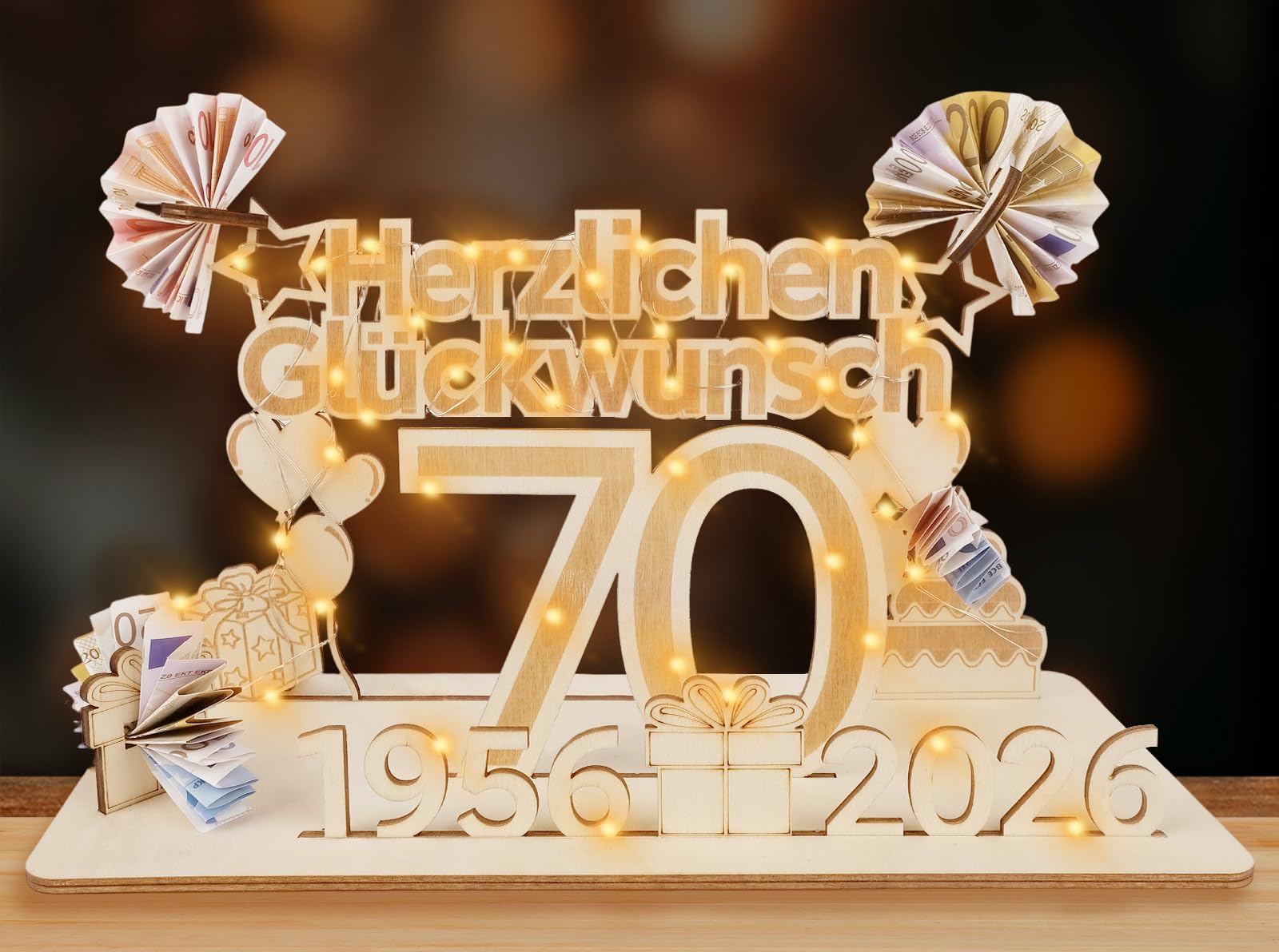 ARTREE 70 Geldgeschenke Geburtstag Frau Mann, Holz Schild Gästebuch mit LED Lichterkette, Personalisiertes Geschenke zum 70 Geburtstagszahlen, 70 Jahre Geburtstag Deko, Herzlichen Glückwunsch