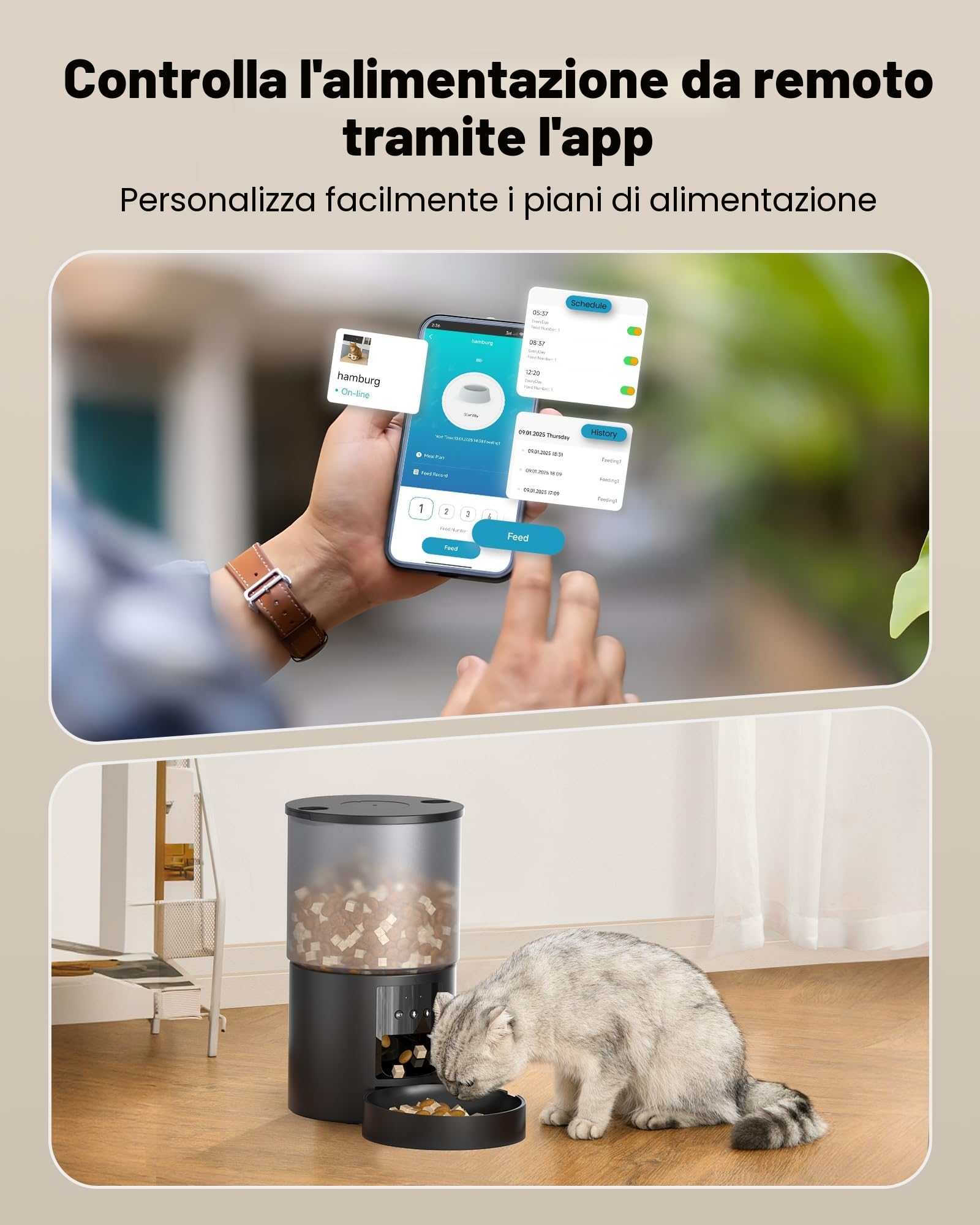 Distributore Automatico Cibo Gatti Cani WiFi: Dosatore Crocchette per Animali Domestici con 10S Registrazione - Mangiatoia Automatica per Cibo Distributore Crocchette Gatto Timer Nero 4L