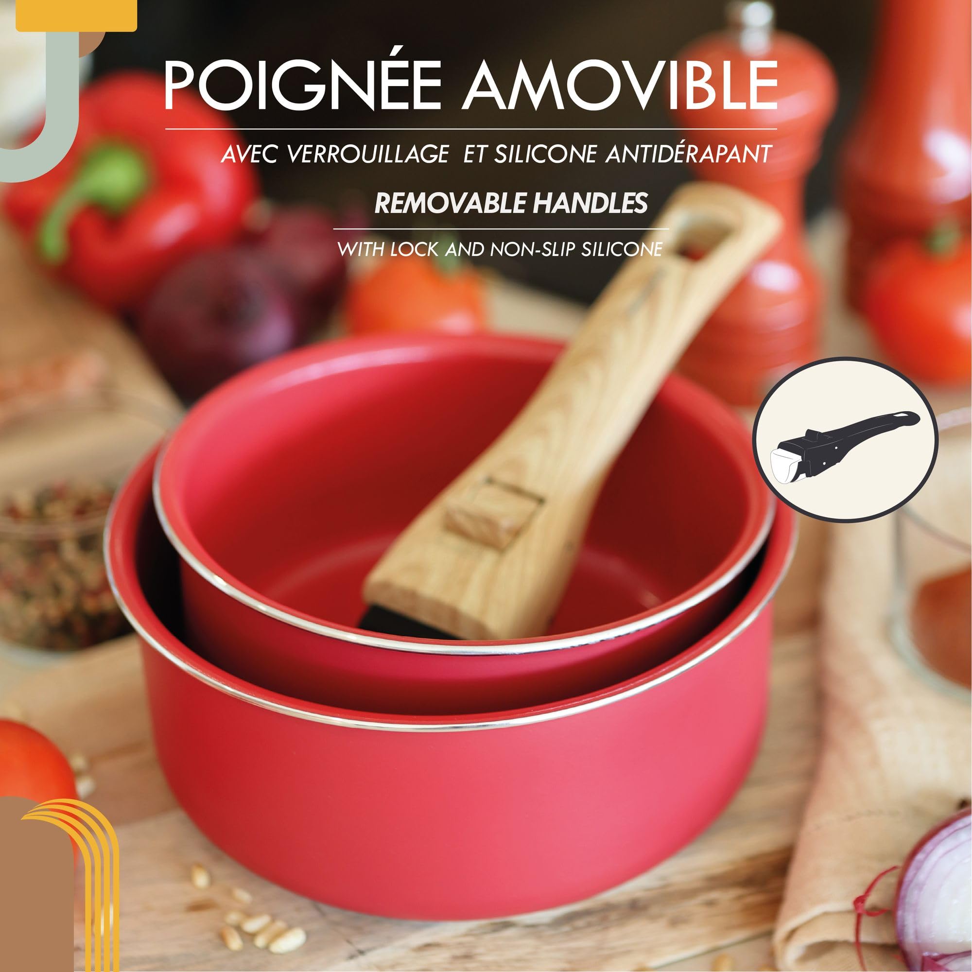 MENASTYL - Utensilios de cocina apilables extraíbles - Apto para todas las fuentes de calor, incluida la inducción, revestimiento cerámico antiadherente sin PFAS - Gama Colorama - Color magenta - 2