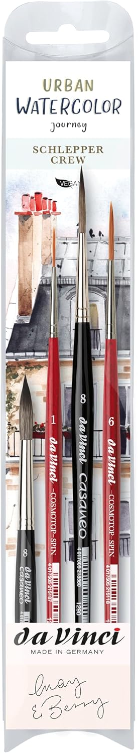 da Vinci Urban Watercolor 5602 Brush Set, 4-Piece Synthetic Watercolor Brushes (Sizes 1, 6, 8 Short-Handle) for Illustration, Urban Sketching, Gouache & Ink Painting