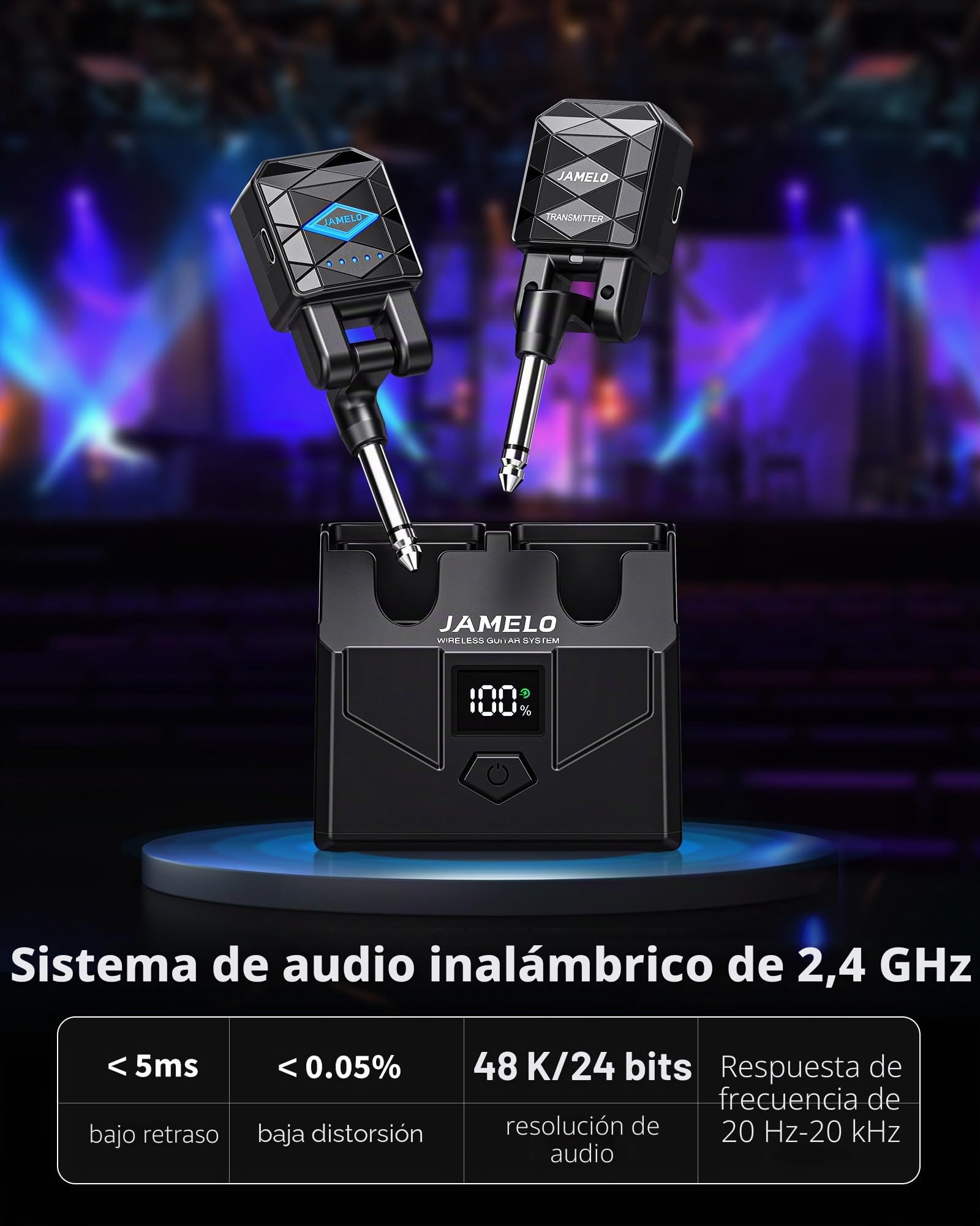 JAMELO Sistema de guitarra inalámbrico con estuche de carga, receptor transmisor de guitarra de baja latencia de <5 ms con 4 canales, 15 horas de reproducción, cable jack inalámbrico recargable para