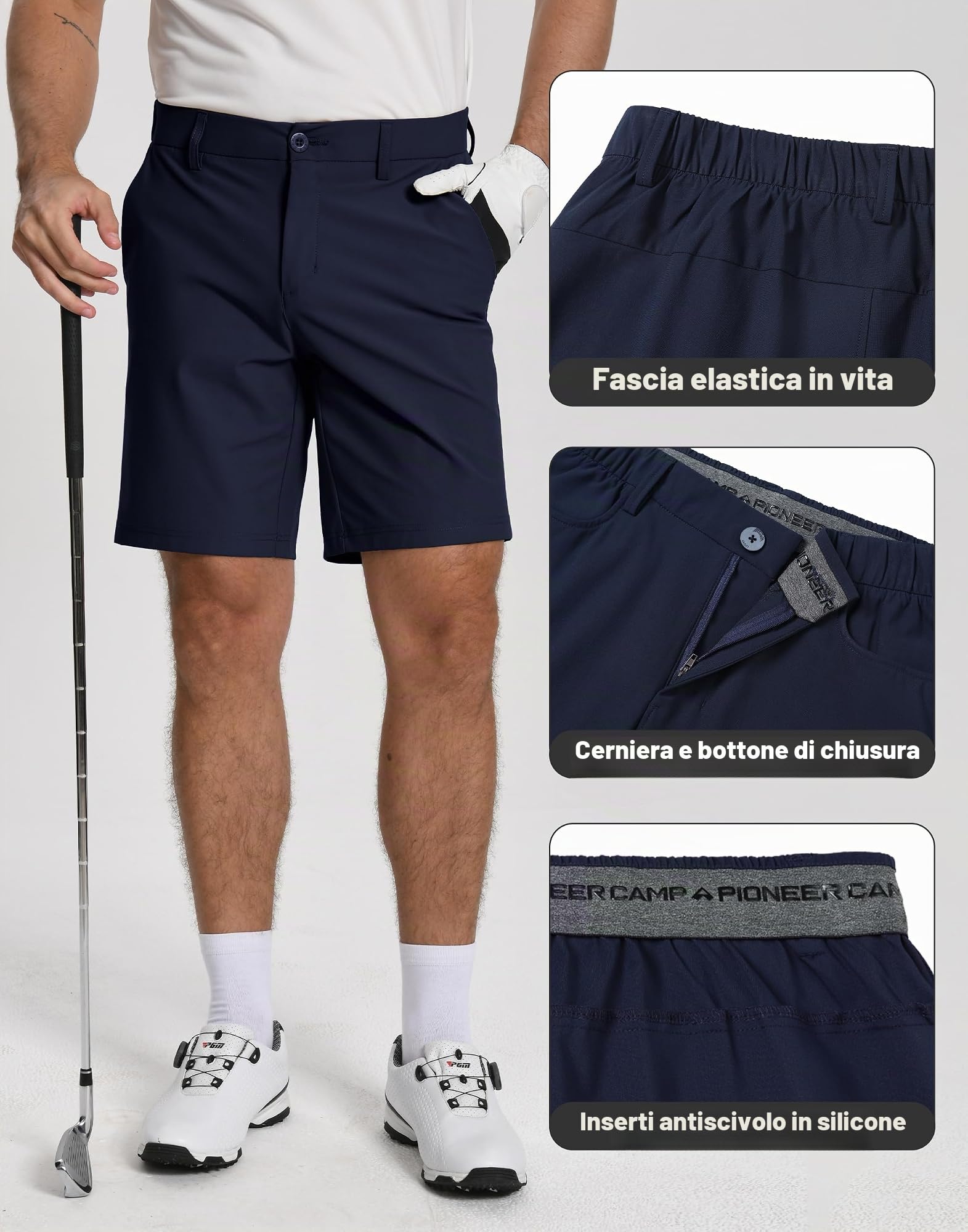 Pioneer Camp Pantaloncini da golf da uomo, elasticizzati, da golf, con 3 tasche