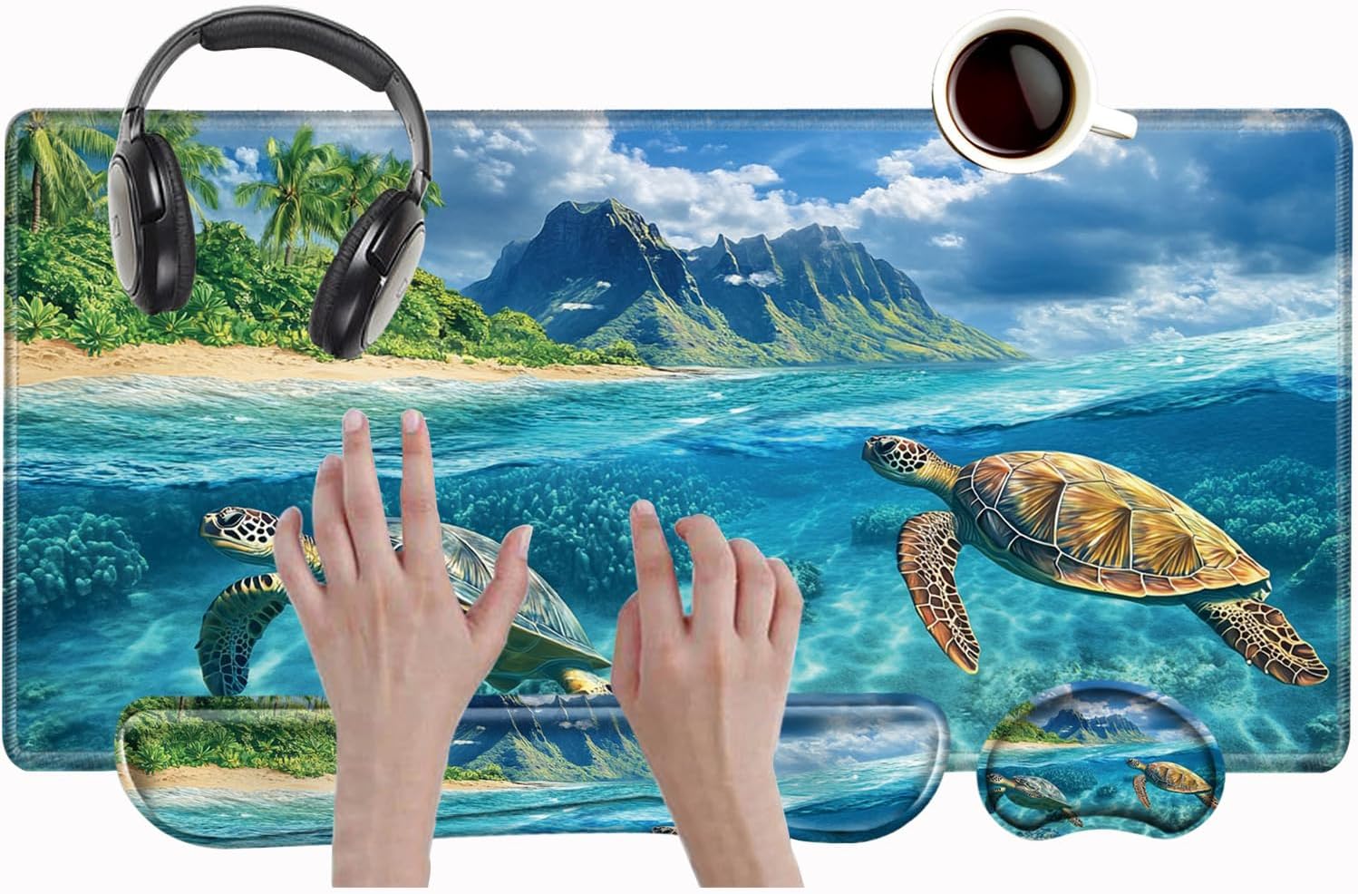 Sea Turtle Mouse Pad and Keyboard Wrist Rest Large Desk Mat Set Gaming Mousepad with Wrist Support XXL Computer Mat 31.5" x 15.75" Mouse Mat Organization Decor