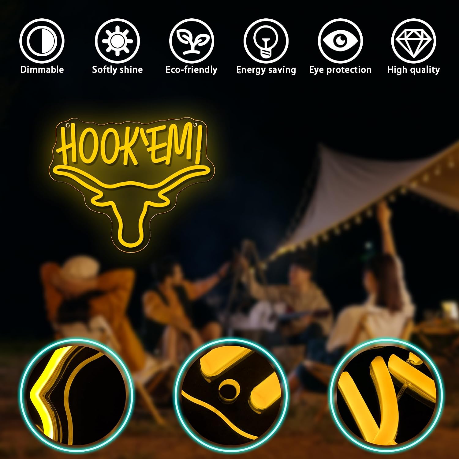 Hook Em Horns Neon Sign, LED Texas Bull Head Neon Light USB Powered Dimmable, for Man Cave University Dormitory Game Room Alumni Bar Birthday Gift(13 * 10.6 In)