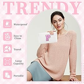 Small Initial Patch Makeup Bag Personalized Gifts Make Up Bag,White Cute PU Leather Glitter Letter Cosmetic Bag with Zipper,Trendy Portable Travel Toiletry Pouch,Preppy Stuff for Teen Girls Women P