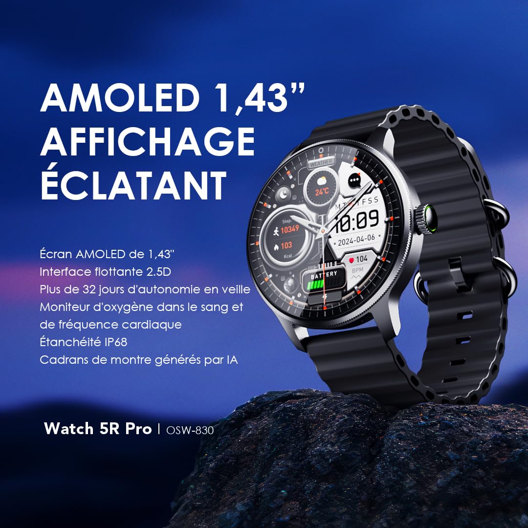 oraimo Montre Connectée Écran AMOLED 1,43 Pouce Appels Bluetooth 5.3 Batterie 11 Jours Suivi Rythme Cardiaque SpO2 Étanche IP68 Mode Sport Homme Femme Notification Android 6.0 iOS 11 Noir