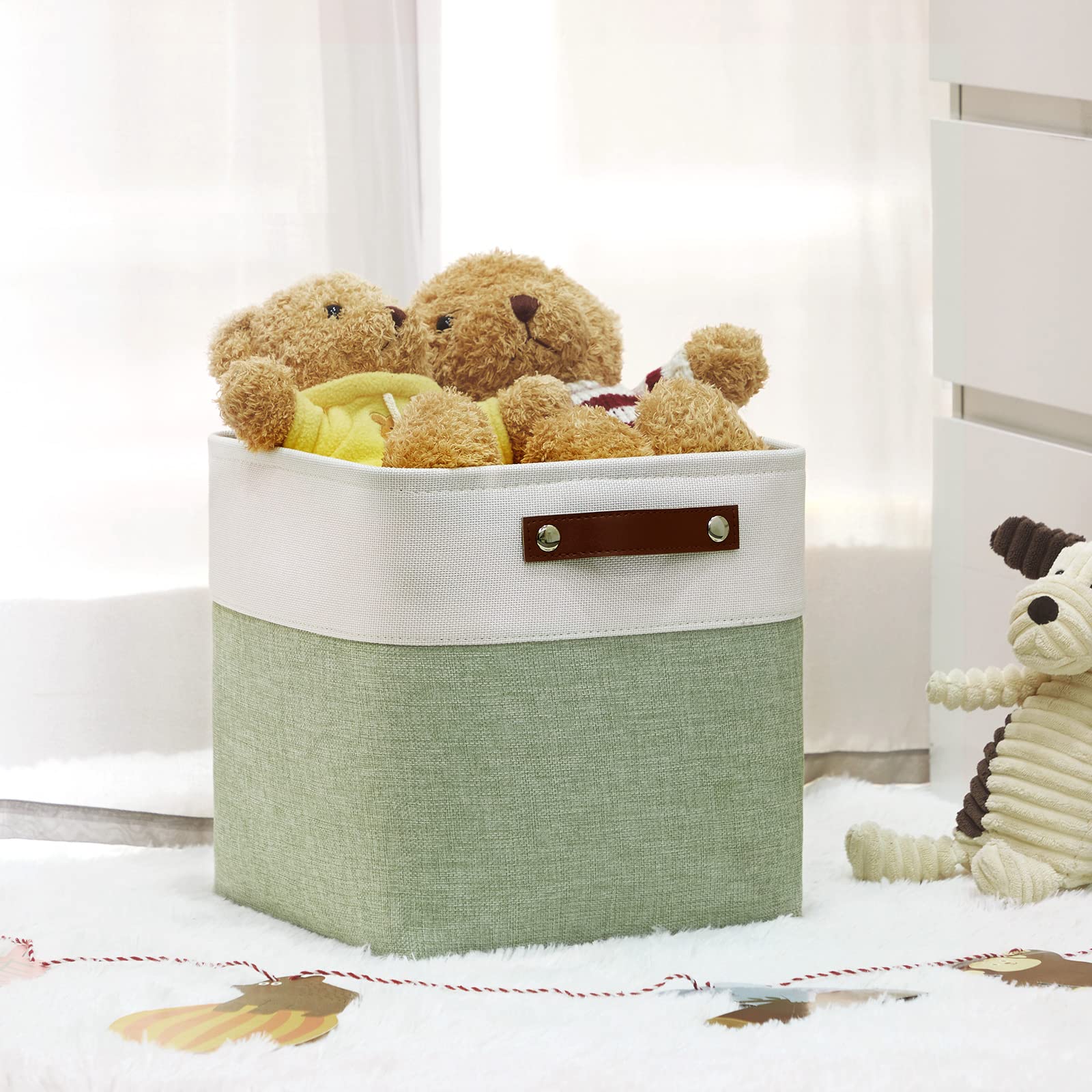 DULLEMELO Aufbewahrungskörbe zum Organisieren, Stoff-Aufbewahrungswürfel für Box, 27,9 cm, dekorative Würfel-Aufbewahrungskörbe mit Griff für Geschenkkorb (4 Stück, 27,9 cm, Weiß und Grün)