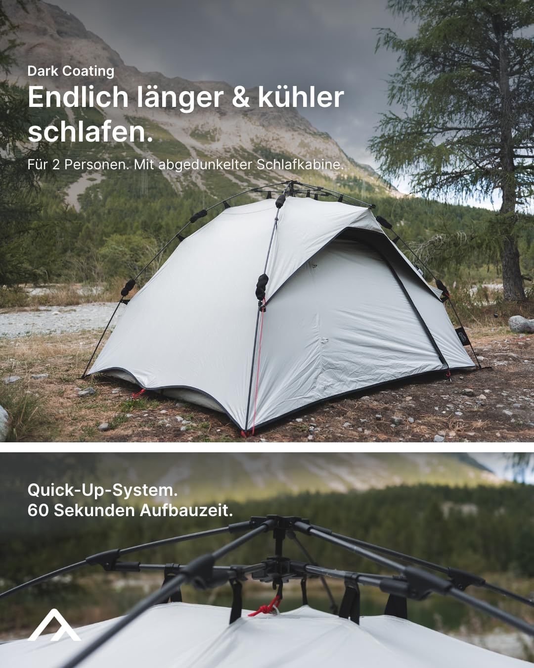 qeedo Quick Ash Dark Series Sekundenzelt innen komplett verdunkelt, wasserdicht, leicht & robust - Campingzelt für 2 Personen, Kuppelzelt mit kleinem Vordach, Moskitonetz & Schnellaufbau-System