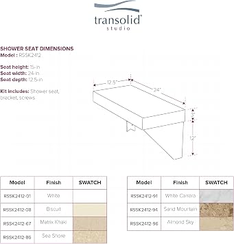 Transolid RSSK2412-01 Studio Rectangular Shower Seat in White