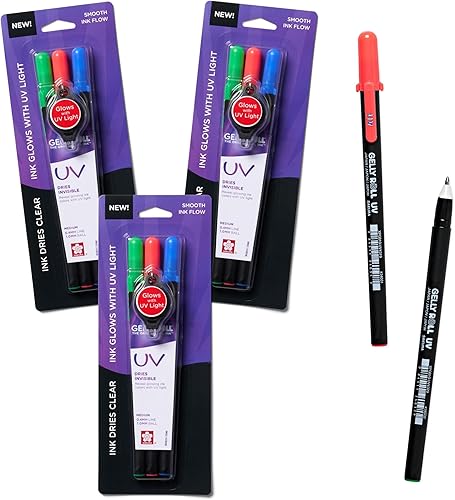 SAKURA Gelly Roll UV Pen - UV Gel Invisible Ink - With Keychain Flashlight - For Art or Drawing - Red, Green & Blue - 9 Pens, 3 Lights