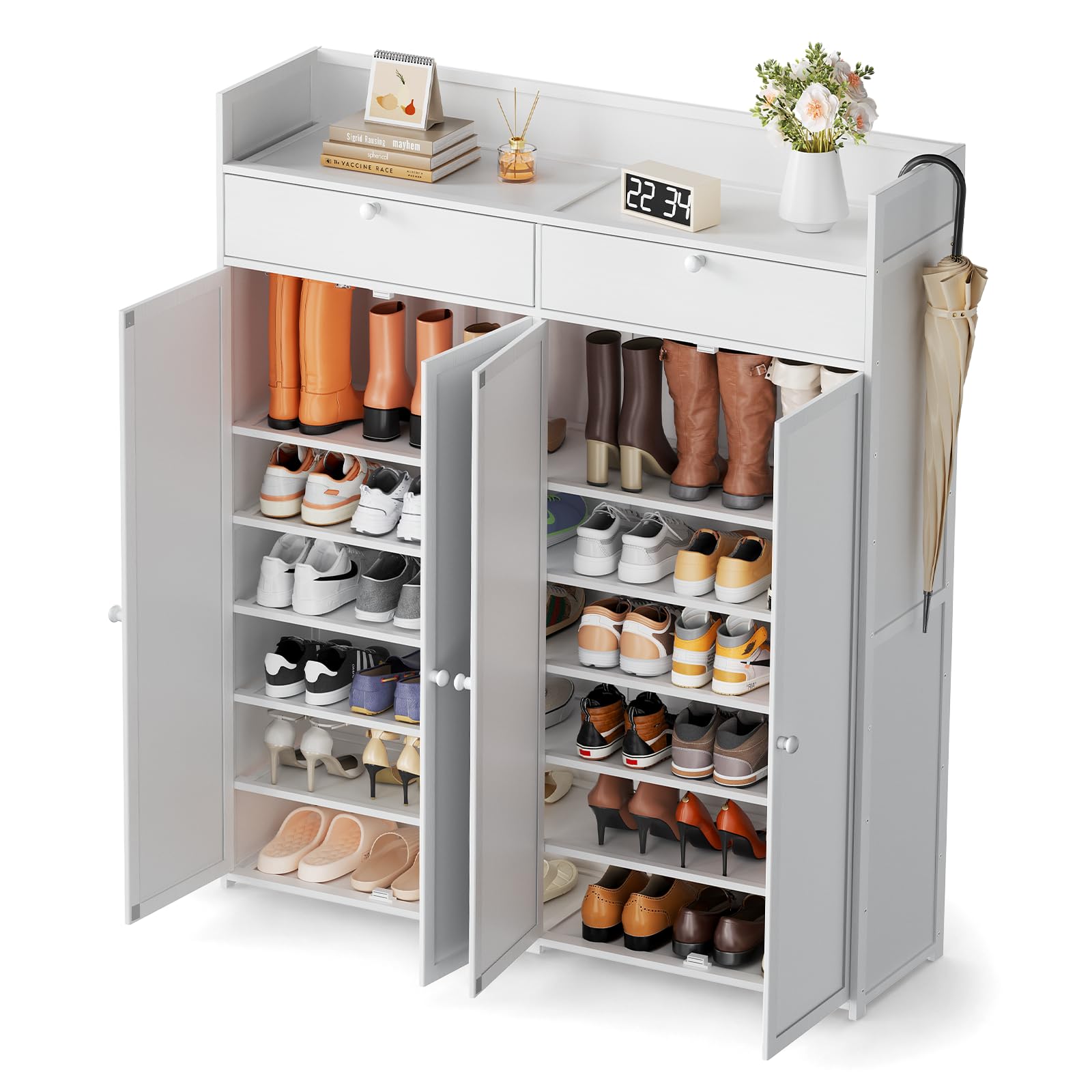Weißer 8-Etagen Schuhschrank mit Doppeltüren, Maße 118,5×30,5×137 cm